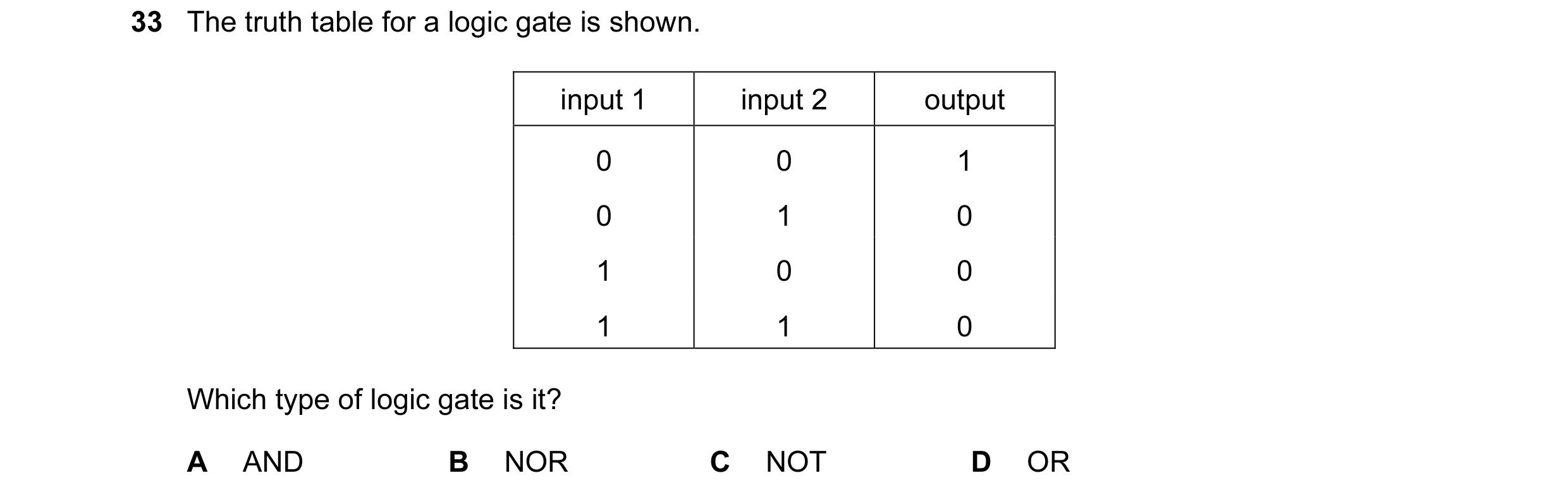 Question 38: The truth table for a logic gate is shown. input 1 input 2 output 0 0 1 0 1 0 1 0 0 1 1 0 Which type of logic gate is it? A AND B NOR C NOT…