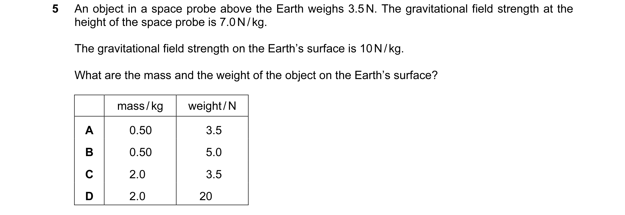 Question 9: An object in a space probe above the Earth weighs 3.5 N. The gravitational field strength at the height of the space probe is 7.0 N / kg. T…