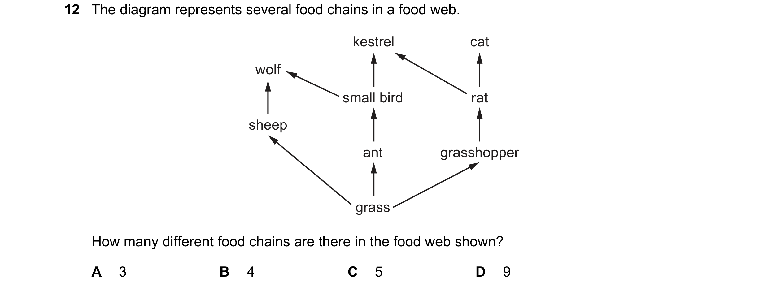 Question 55: The diagram represents several food chains in a food web. kestrel cat wolf small bird rat sheep ant grasshopper grass How many different fo…