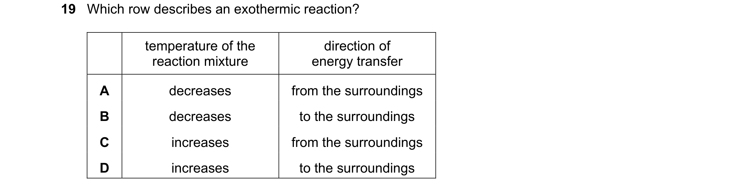 Question 66: Which row describes an exothermic reaction? temperature of the direction of reaction mixture energy transfer A decreases from the surroundi…