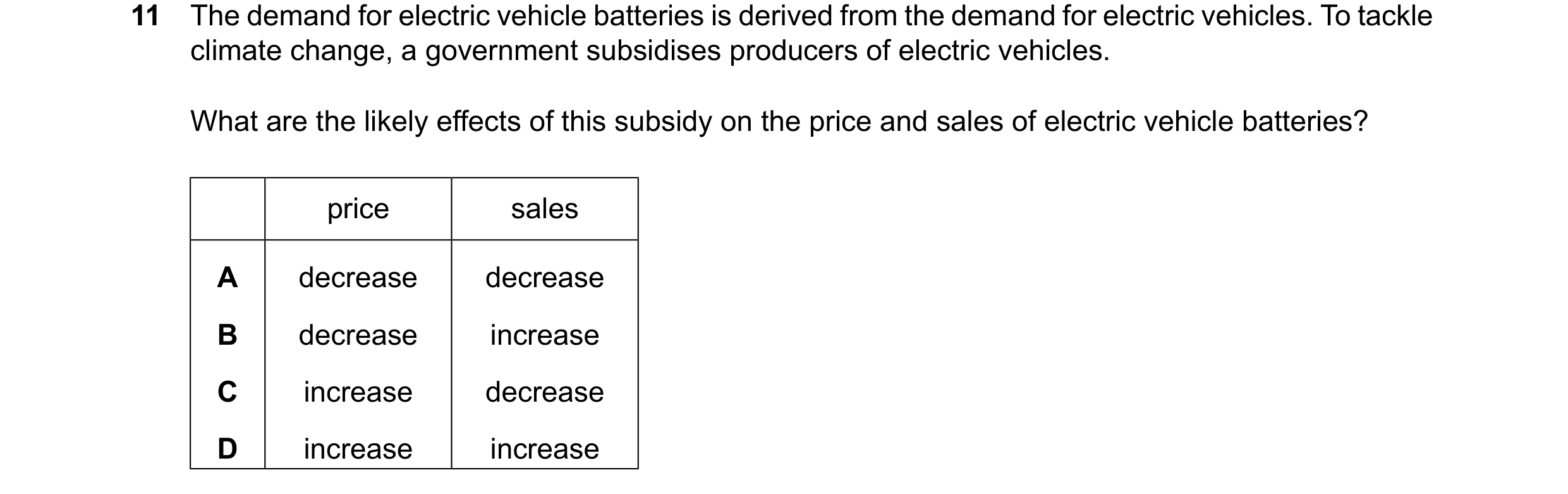 Question 350: The demand for electric vehicle batteries is derived from the demand for electric vehicles. To tackle climate change, a government subsidis…