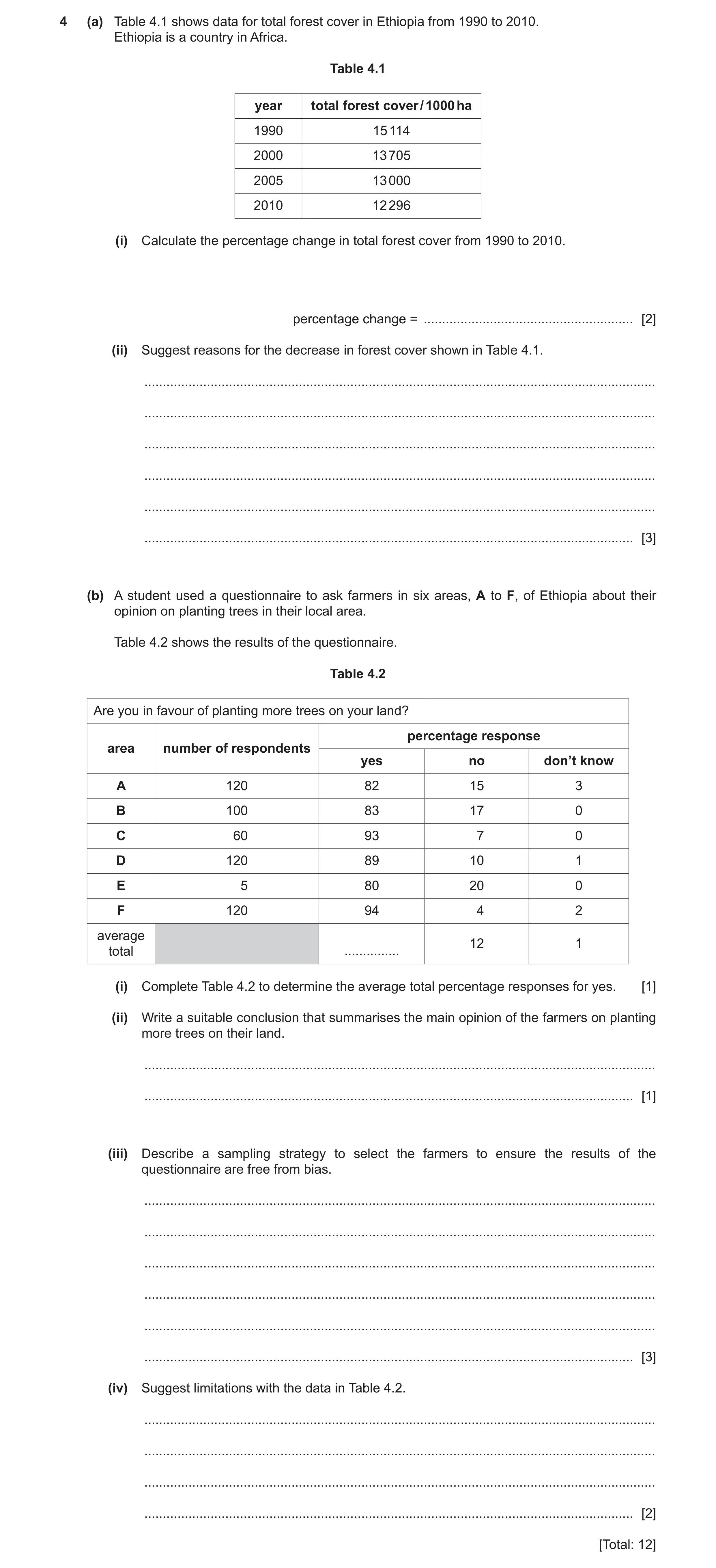 Question 57: (a) Table 4.1 shows data for total forest cover in Ethiopia from 1990 to 2010. Ethiopia is a country in Africa. Table 4.1 year total forest…
