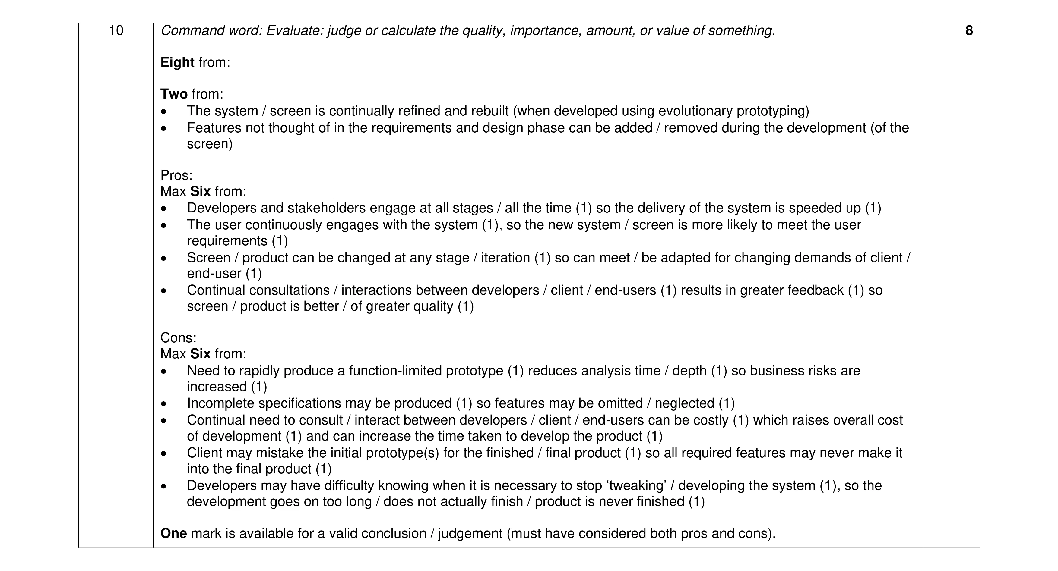 Mark scheme for question 10