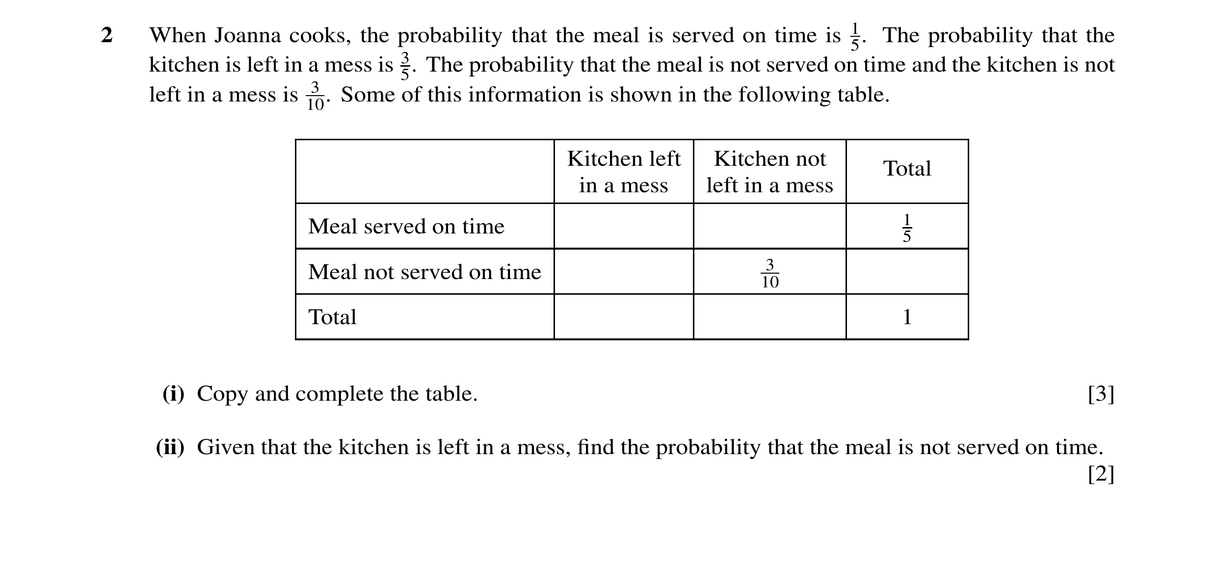 Question 72: When Joanna cooks, the probability that the meal is served on time is 15. The probability that the kitchen is left in a mess is 35. The pro…