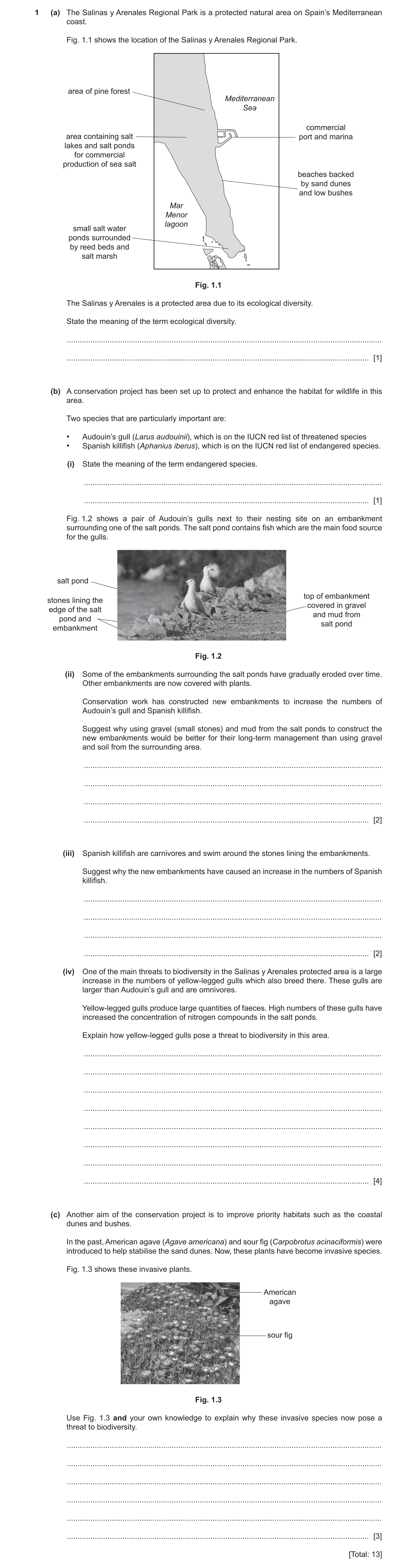 Question 39: (a) The Salinas y Arenales Regional Park is a protected natural area on Spain’s Mediterranean coast. Fig. 1.1 shows the location of the Sal…