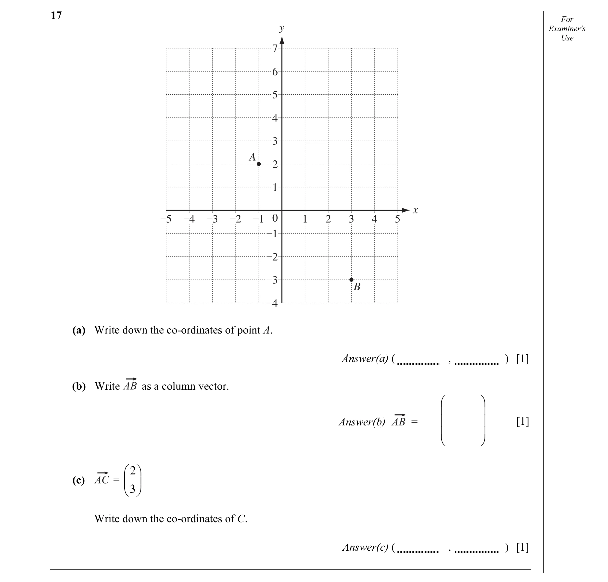 Question 9: For y Examiner's Use 7 6 5 4 3 A 2 1 x –5 –4 –3 –2 –1 0 1 2 3 4 5 –1 –2 –3 B –4 (a) Write down the co-ordinates of point A. Answer(a) ( , )…