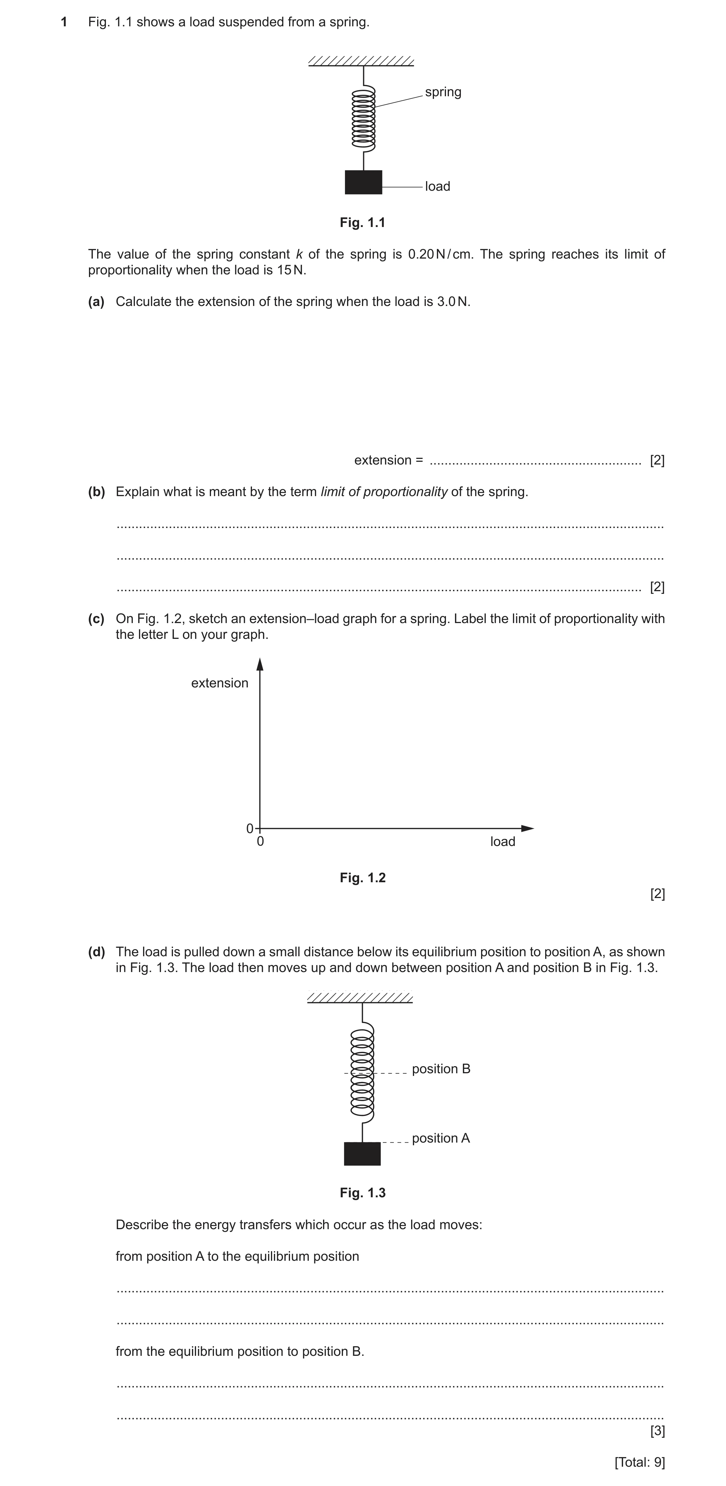Question 32: Fig. 1.1 shows a load suspended from a spring. spring load Fig. 1.1 The value of the spring constant k of the spring is 0.20 N / cm. The sp…