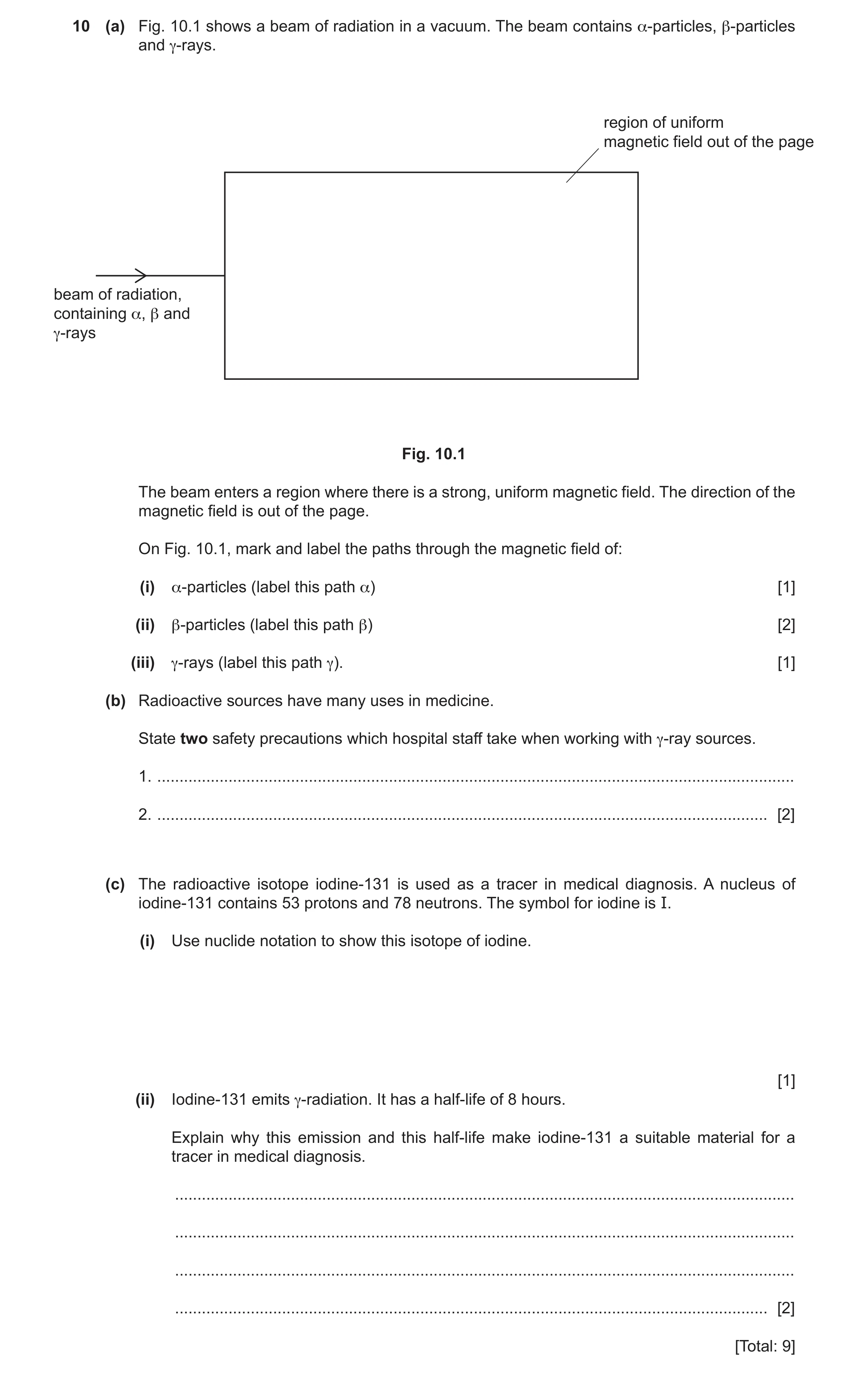 Question 40: (a) Fig. 10.1 shows a beam of radiation in a vacuum. The beam contains α-particles, β-particles and γ-rays. region of uniform magnetic fiel…