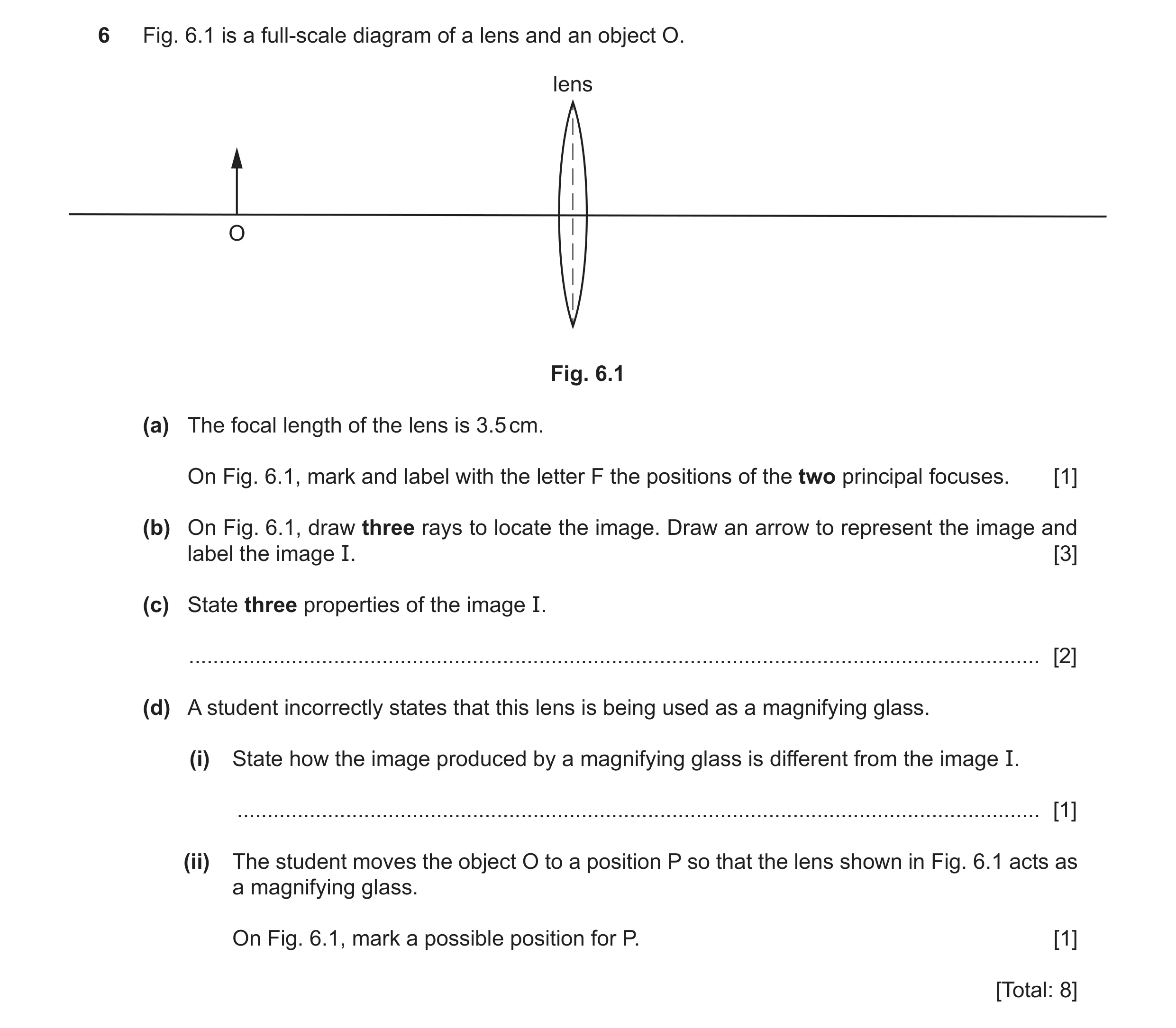 Question 28: Fig. 6.1 is a full-scale diagram of a lens and an object O. lens O Fig. 6.1 (a) The focal length of the lens is 3.5 cm. On Fig. 6.1, mark a…