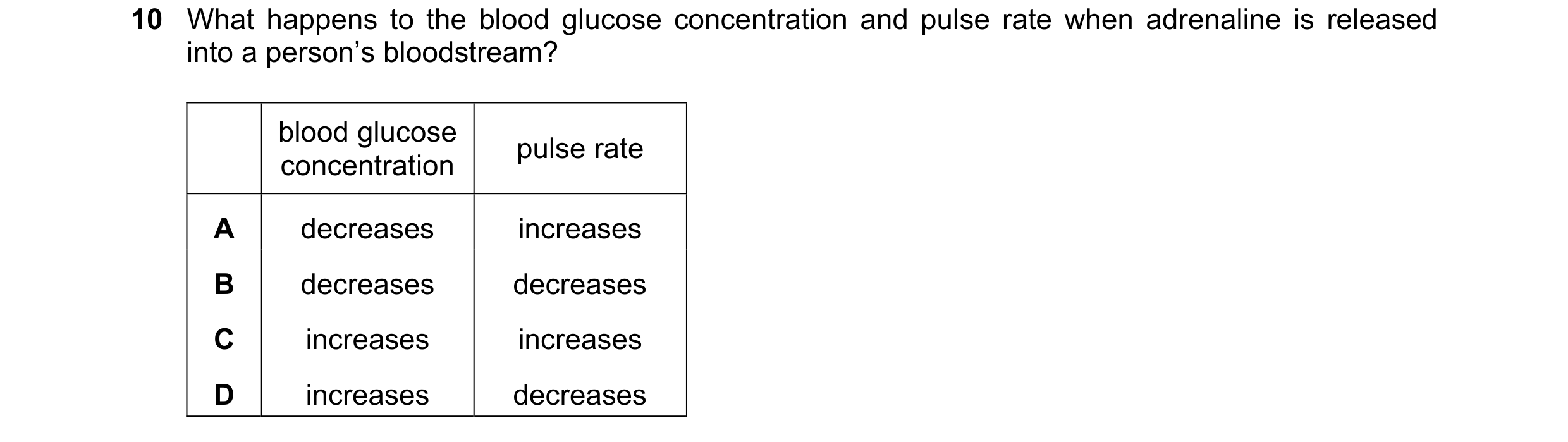 Question 9: What happens to the blood glucose concentration and pulse rate when adrenaline is released into a person’s bloodstream? blood glucose pulse…