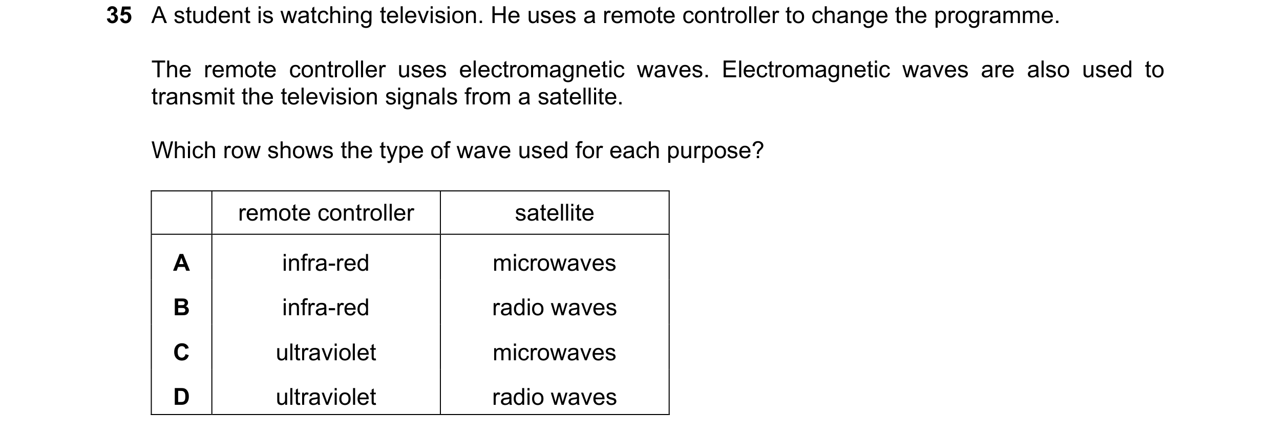Question 13: A student is watching television. He uses a remote controller to change the programme. The remote controller uses electromagnetic waves. El…
