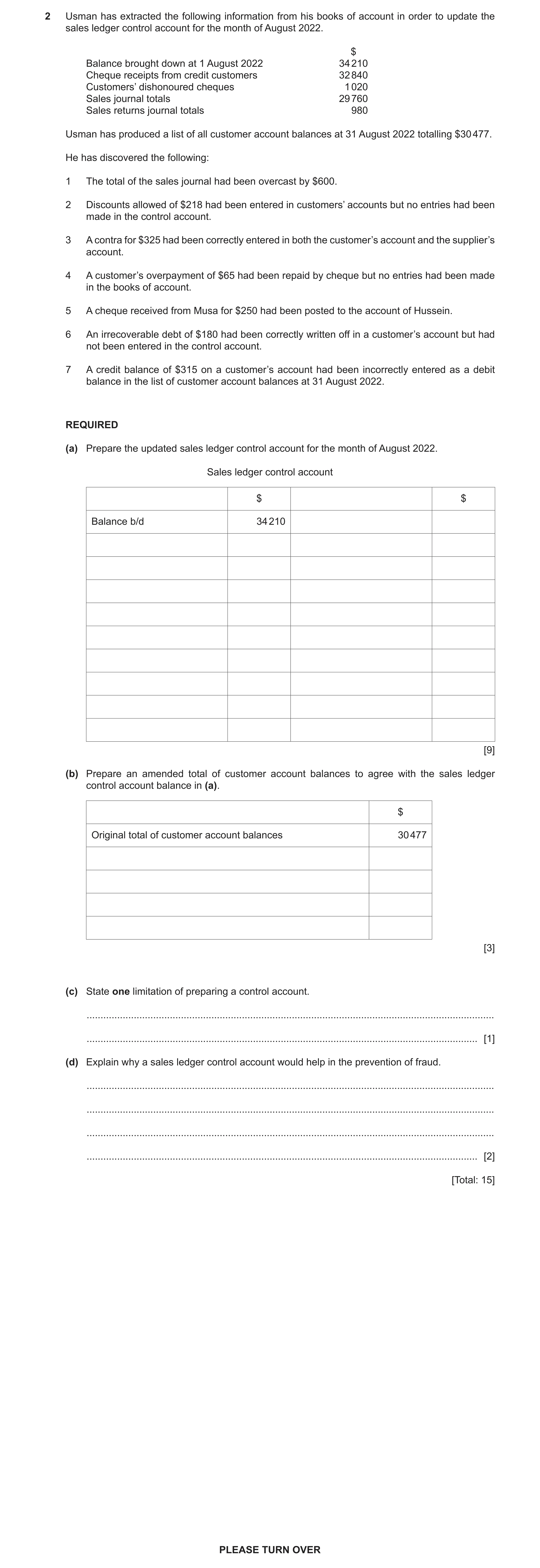 Question 37: Usman has extracted the following information from his books of account in order to update the sales ledger control account for the month o…