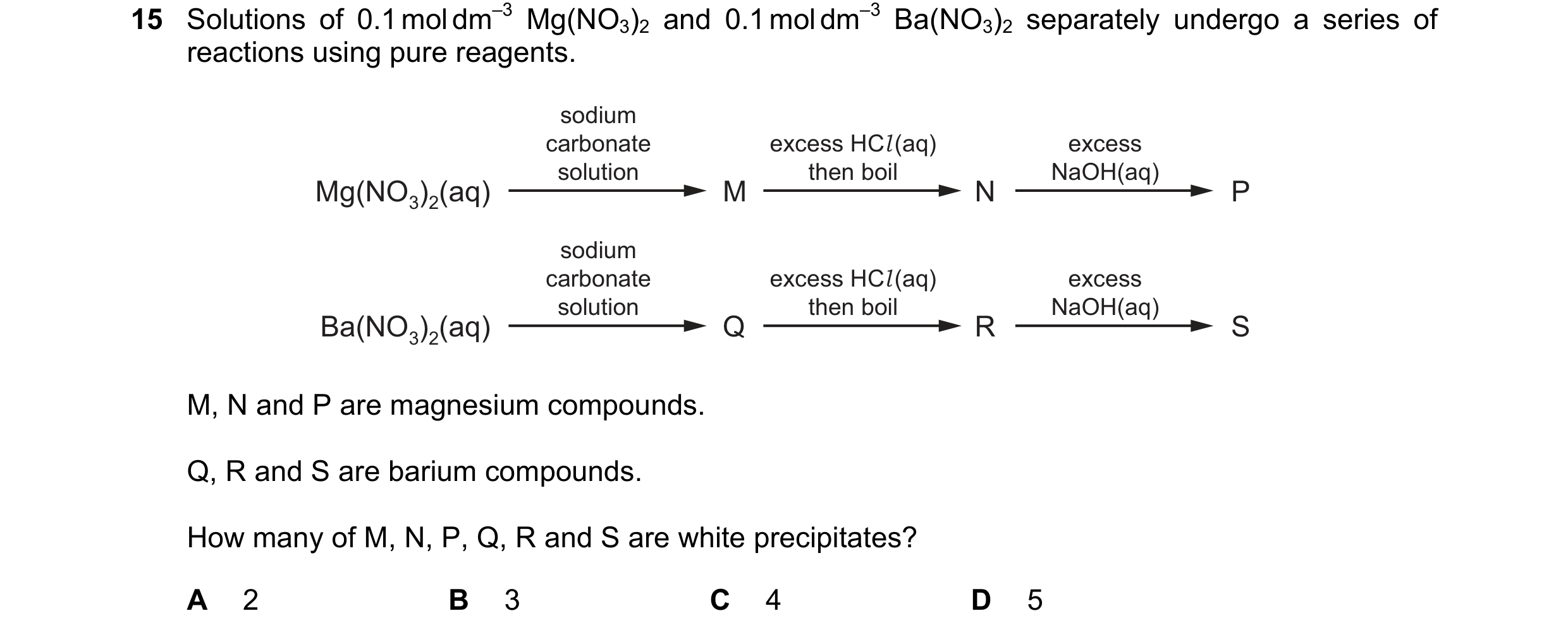 Question 156: Solutions of 0.1 mol dm–3 Mg(NO3)2 and 0.1 mol dm–3 Ba(NO3)2 separately undergo a series of reactions using pure reagents. sodium carbonate…