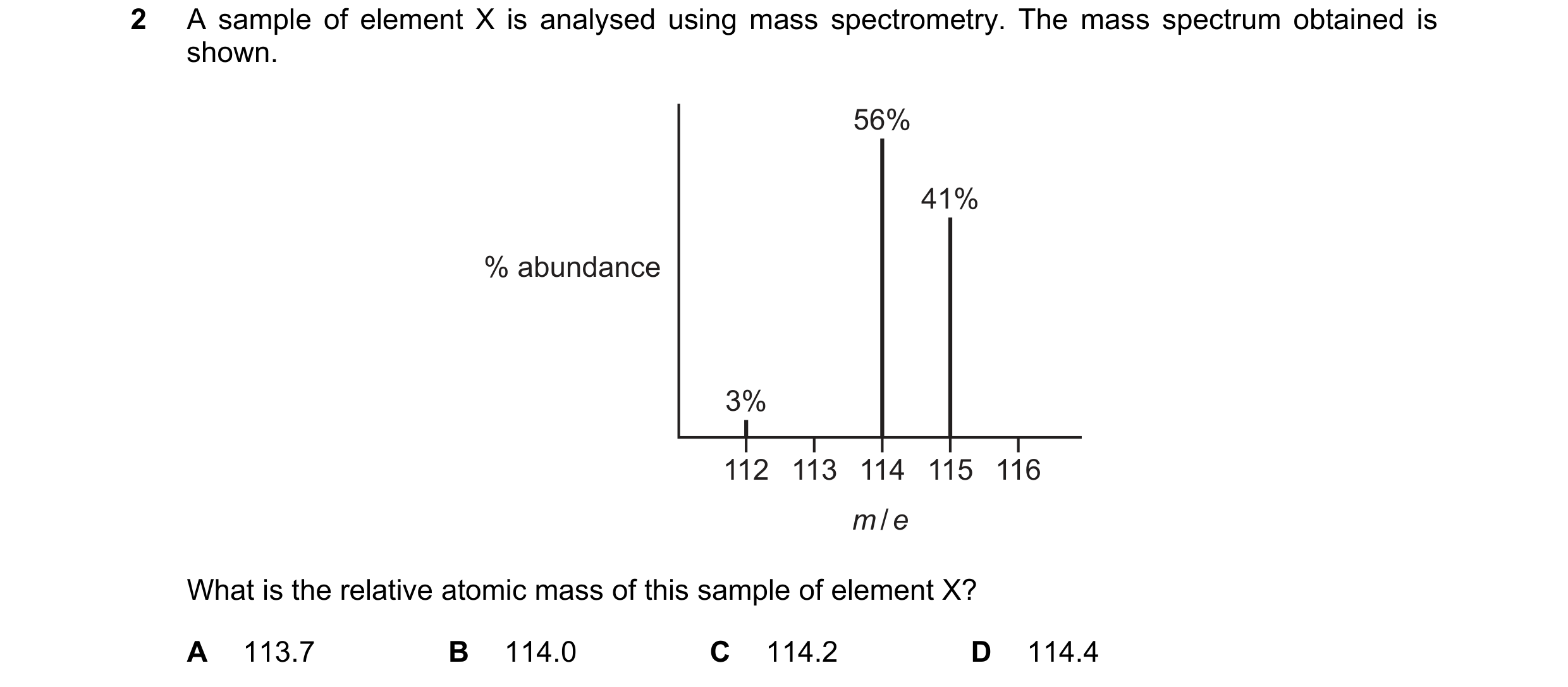 Question 33: A sample of element X is analysed using mass spectrometry. The mass spectrum obtained is shown. 56% 41% % abundance 3% 112 113 114 115 116 …