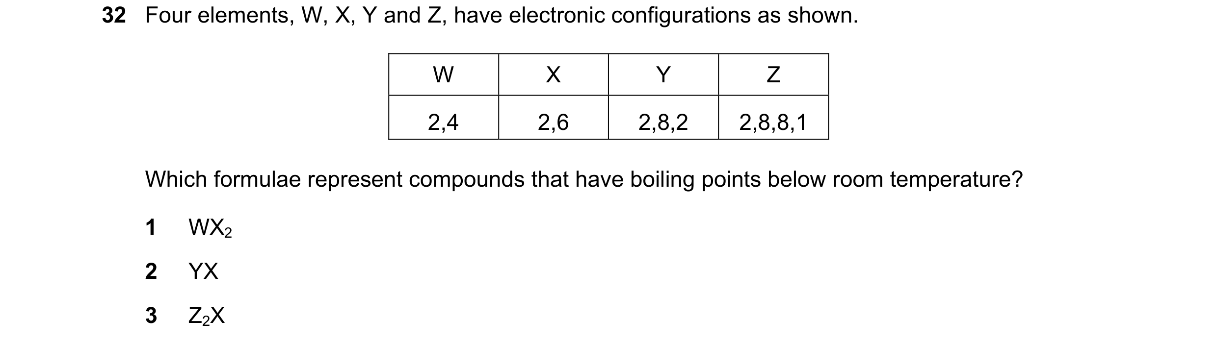 Question 74: Four elements, W, X, Y and Z, have electronic configurations as shown. W X Y Z 2,4 2,6 2,8,2 2,8,8,1 Which formulae represent compounds tha…