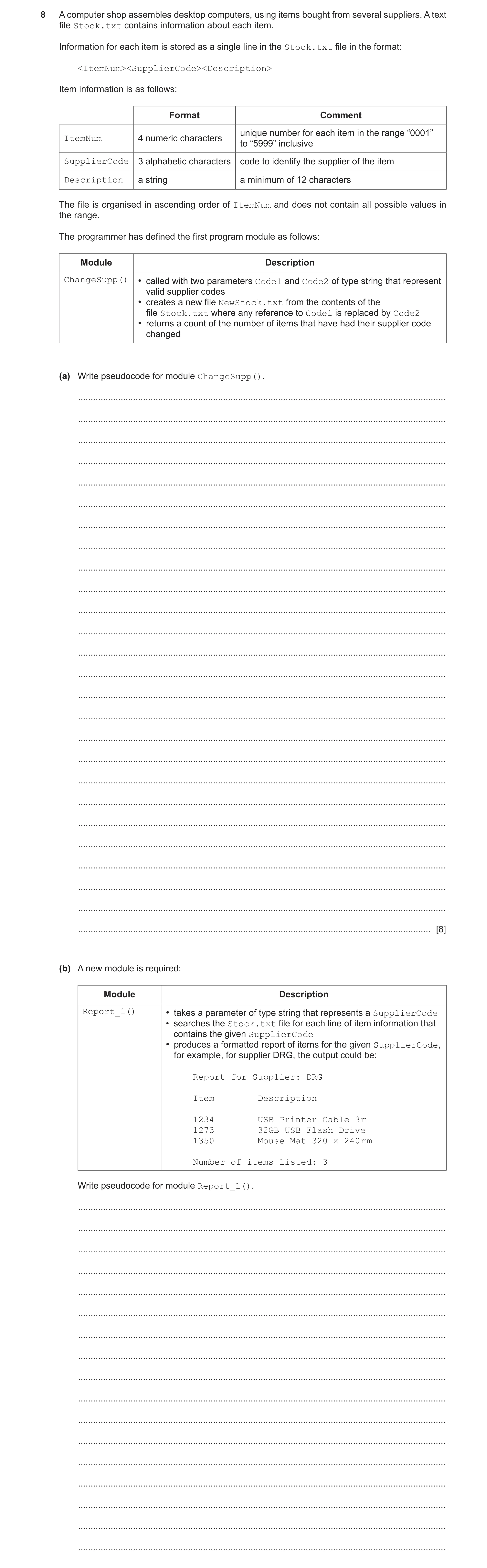 Question 10: A computer shop assembles desktop computers, using items bought from several suppliers. A text file Stock.txt contains information about ea…