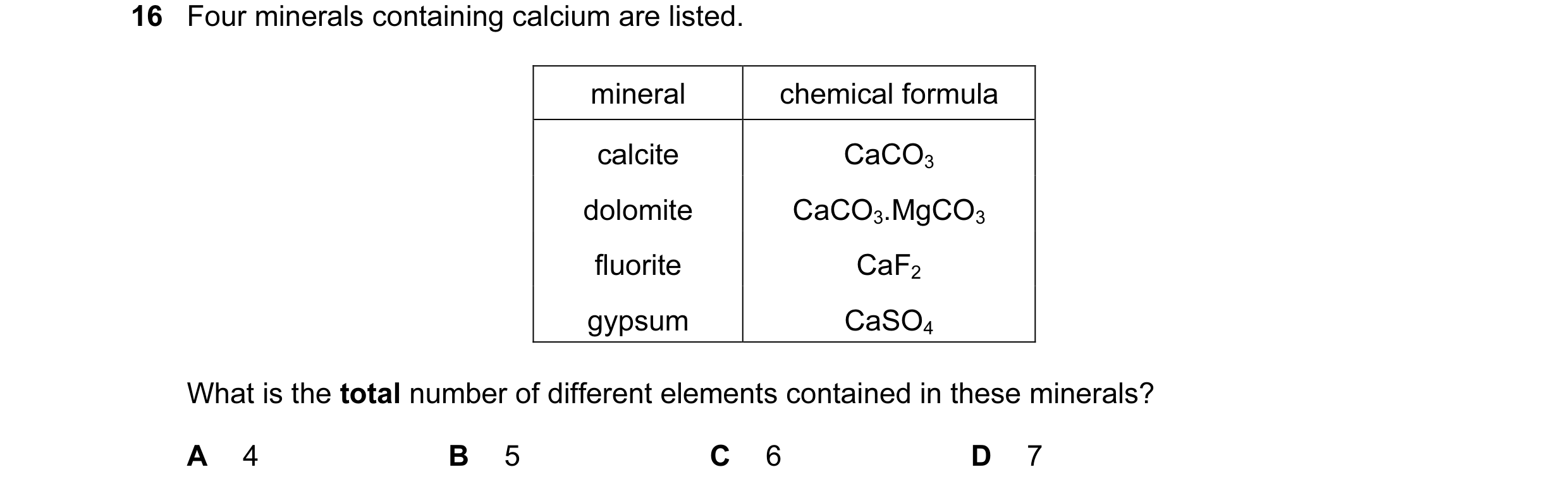 Question 22: Four minerals containing calcium are listed. mineral chemical formula calcite CaCO3 dolomite CaCO3.MgCO3 fluorite CaF2 gypsum CaSO4 What is…