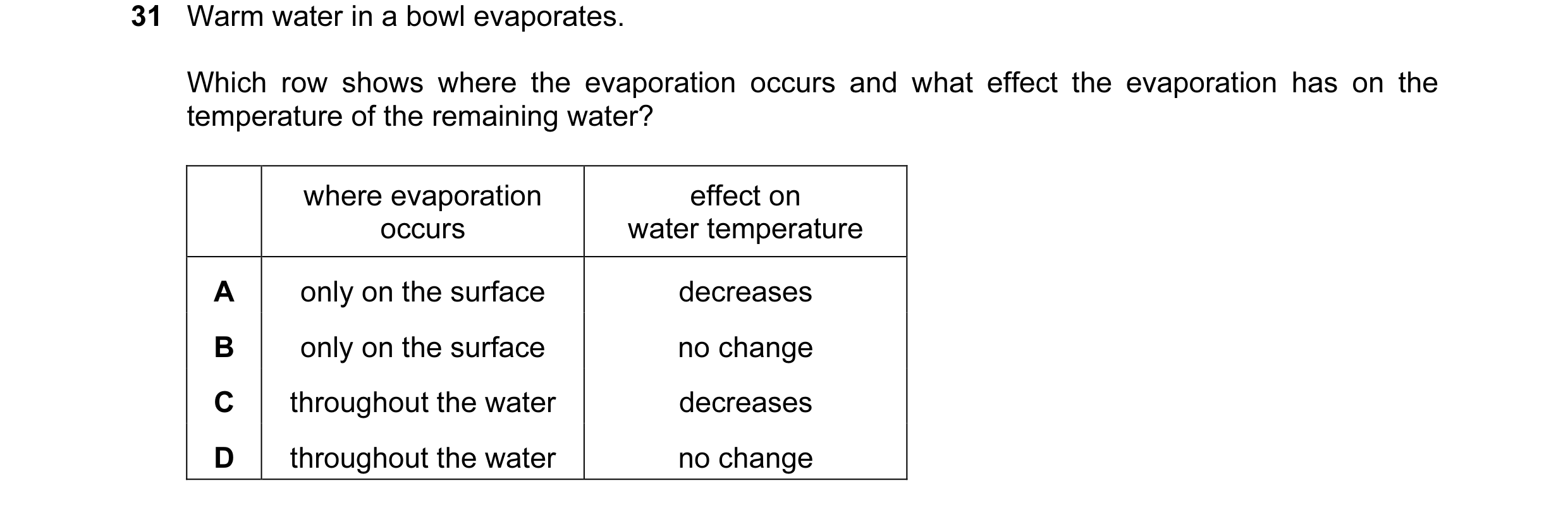 Question 4: Warm water in a bowl evaporates. Which row shows where the evaporation occurs and what effect the evaporation has on the temperature of the…
