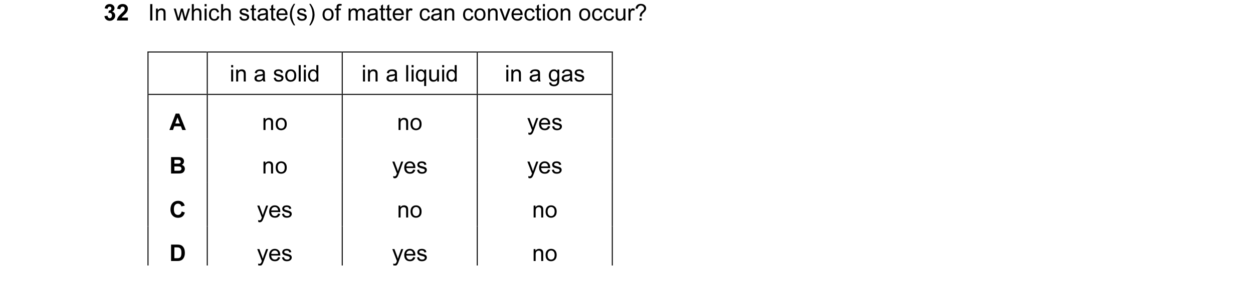 Question 27: In which state(s) of matter can convection occur? in a solid in a liquid in a gas A no no yes B no yes yes C yes no no D yes yes no