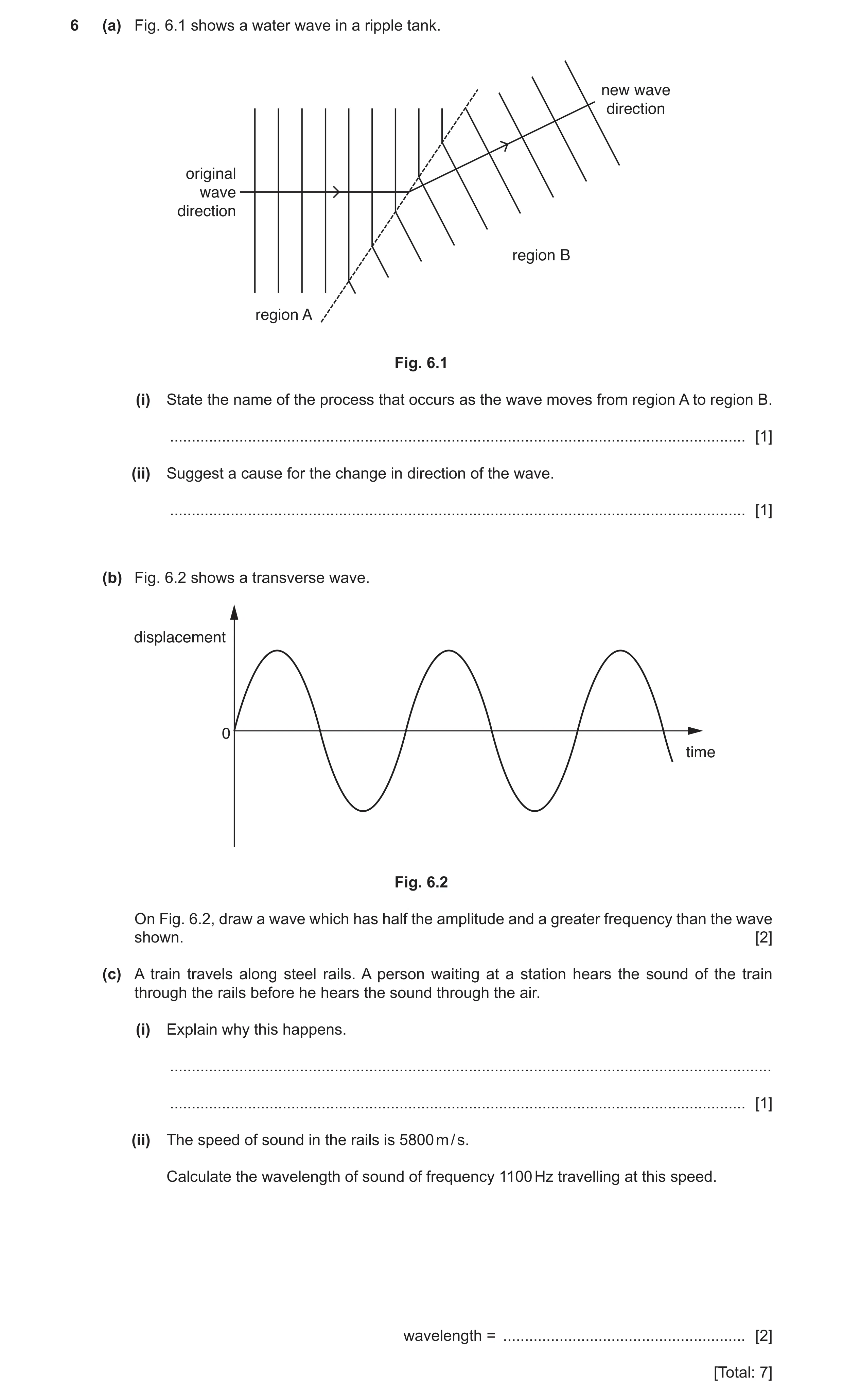 Question 8: (a) Fig. 6.1 shows a water wave in a ripple tank. new wave direction original wave direction region B region A Fig. 6.1 (i) State the name …