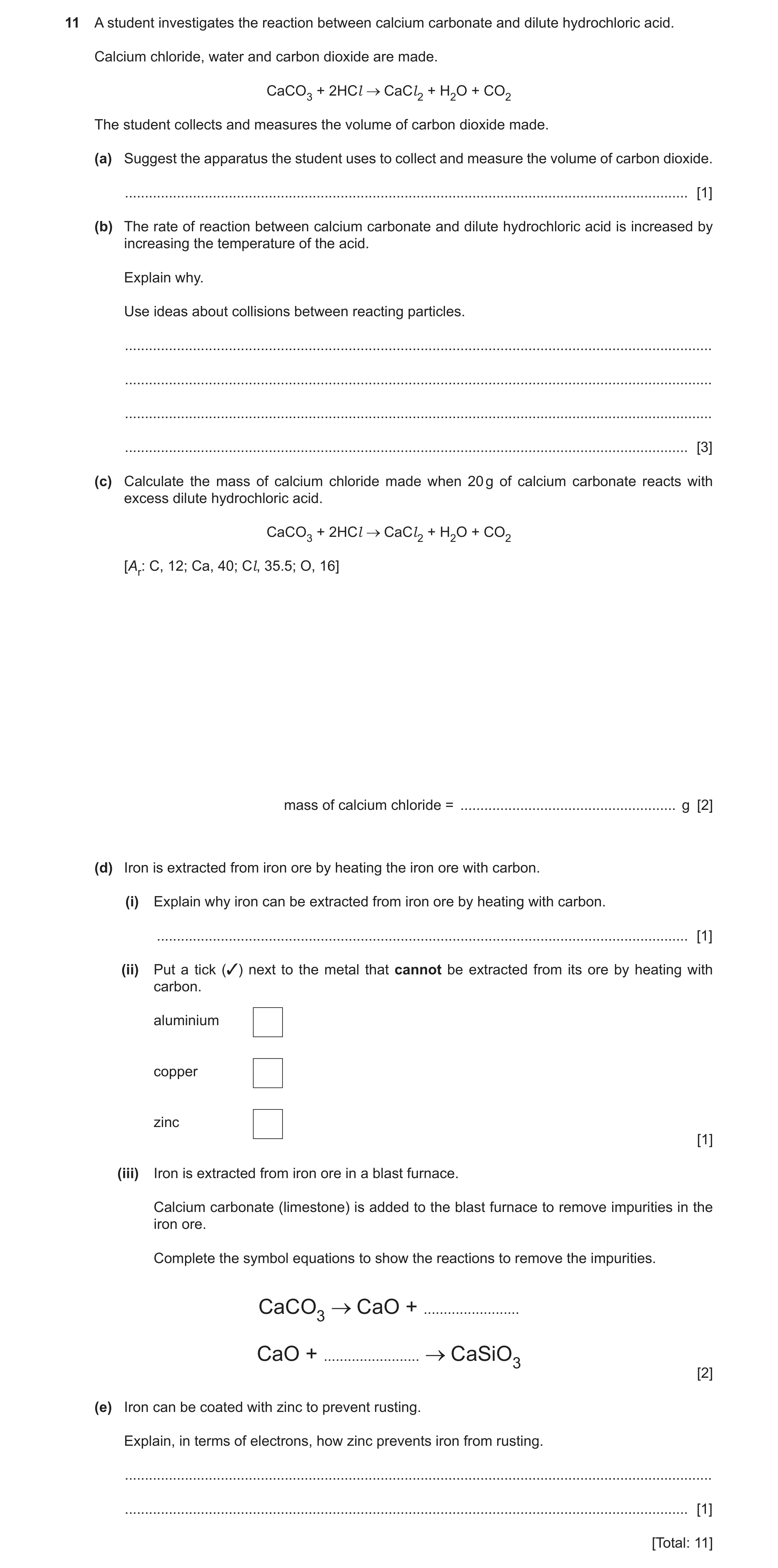 Question 9: A student investigates the reaction between calcium carbonate and dilute hydrochloric acid. Calcium chloride, water and carbon dioxide are …