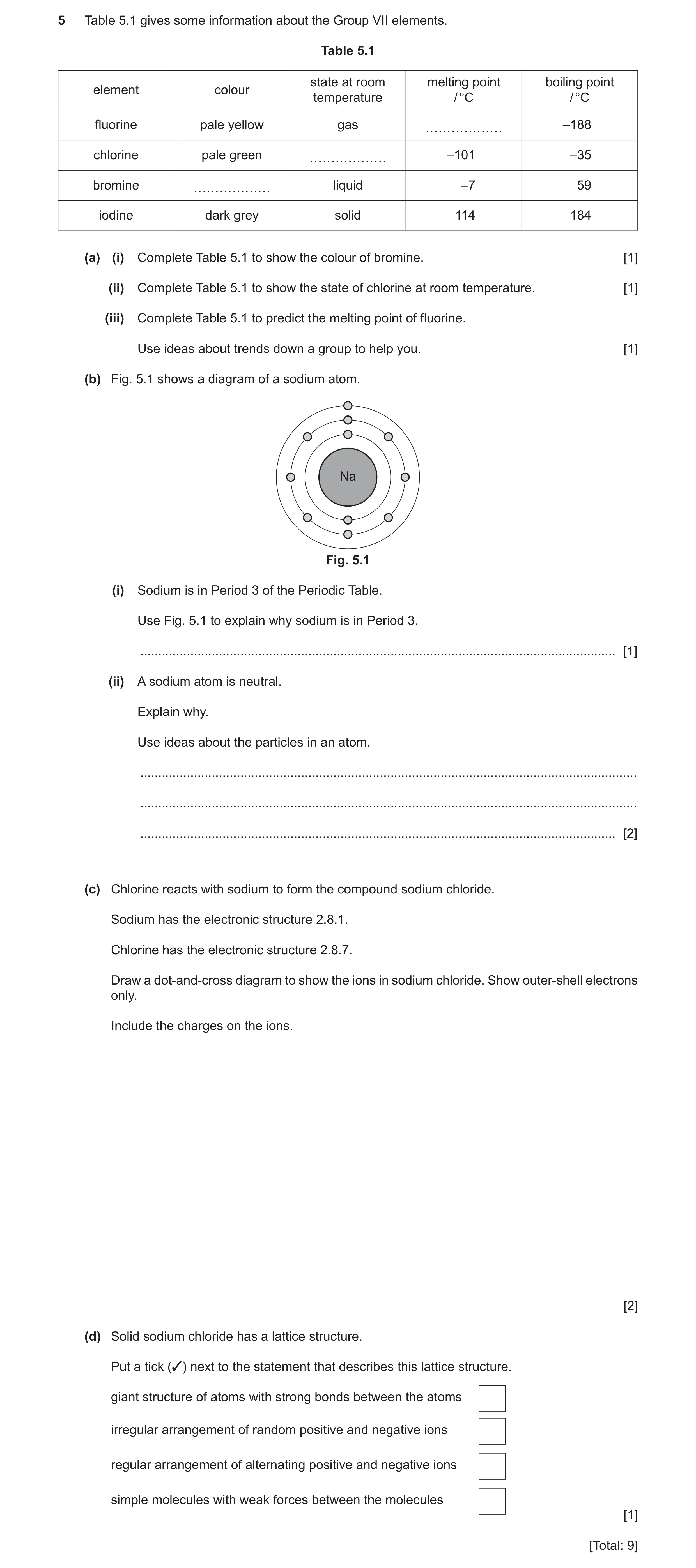 Question 12: Table 5.1 gives some information about the Group VII elements. Table 5.1 state at room melting point boiling point element colour temperatu…