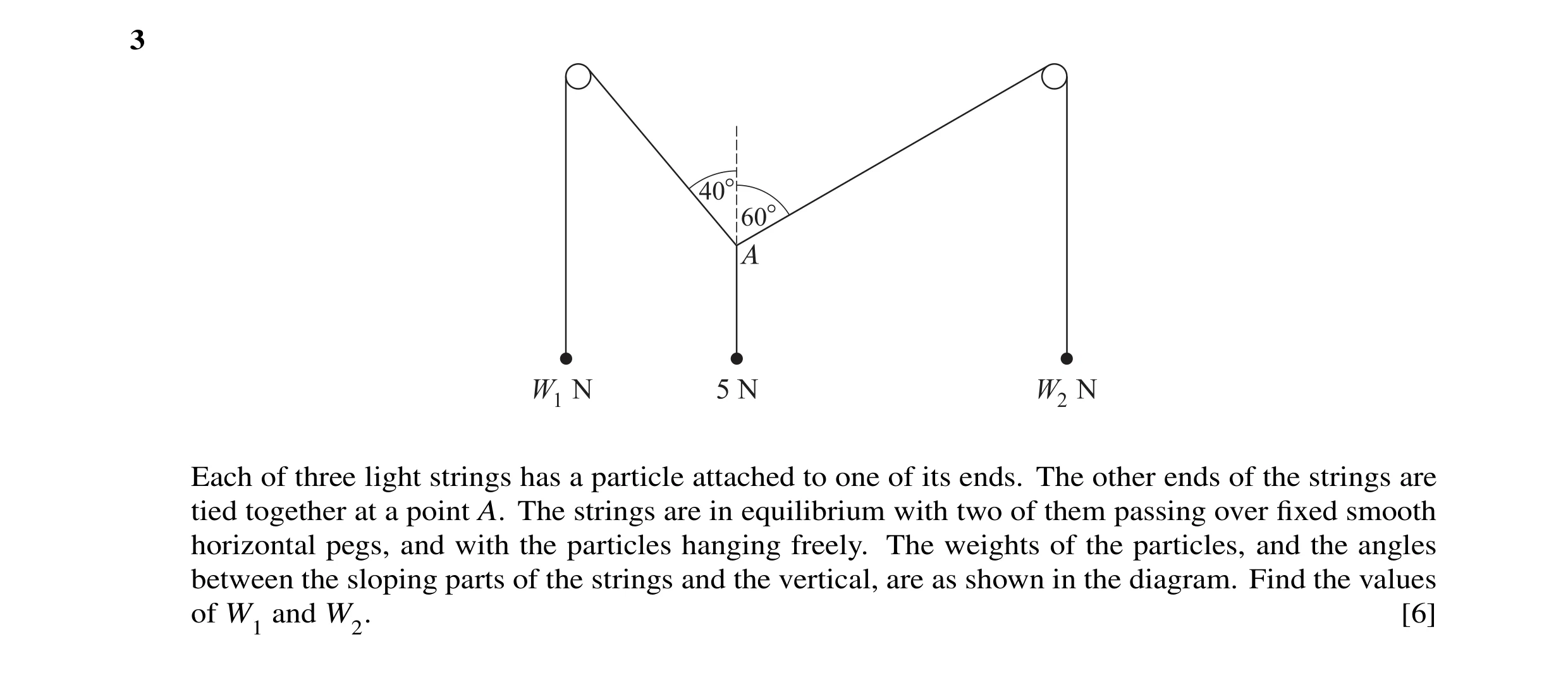 Question 5: Each of three light strings has a particle attached to one of its ends. The other ends of the strings are tied together at a point A. The s…
