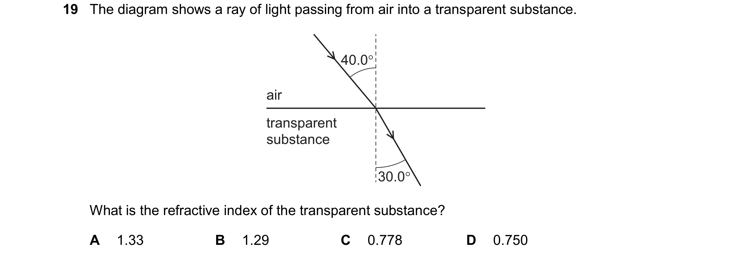 Question 48: The diagram shows a ray of light passing from air into a transparent substance.
transparent
substance
What is the refractive index of the…