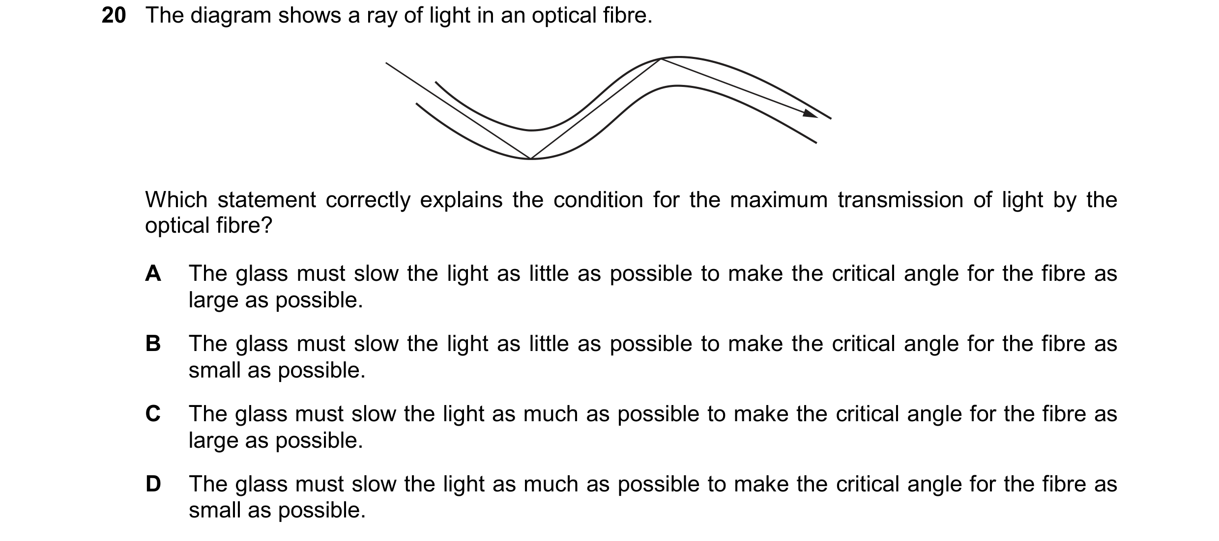 Question 49: The diagram shows a ray of light in an optical fibre. Which statement correctly explains the condition for the maximum transmission of ligh…