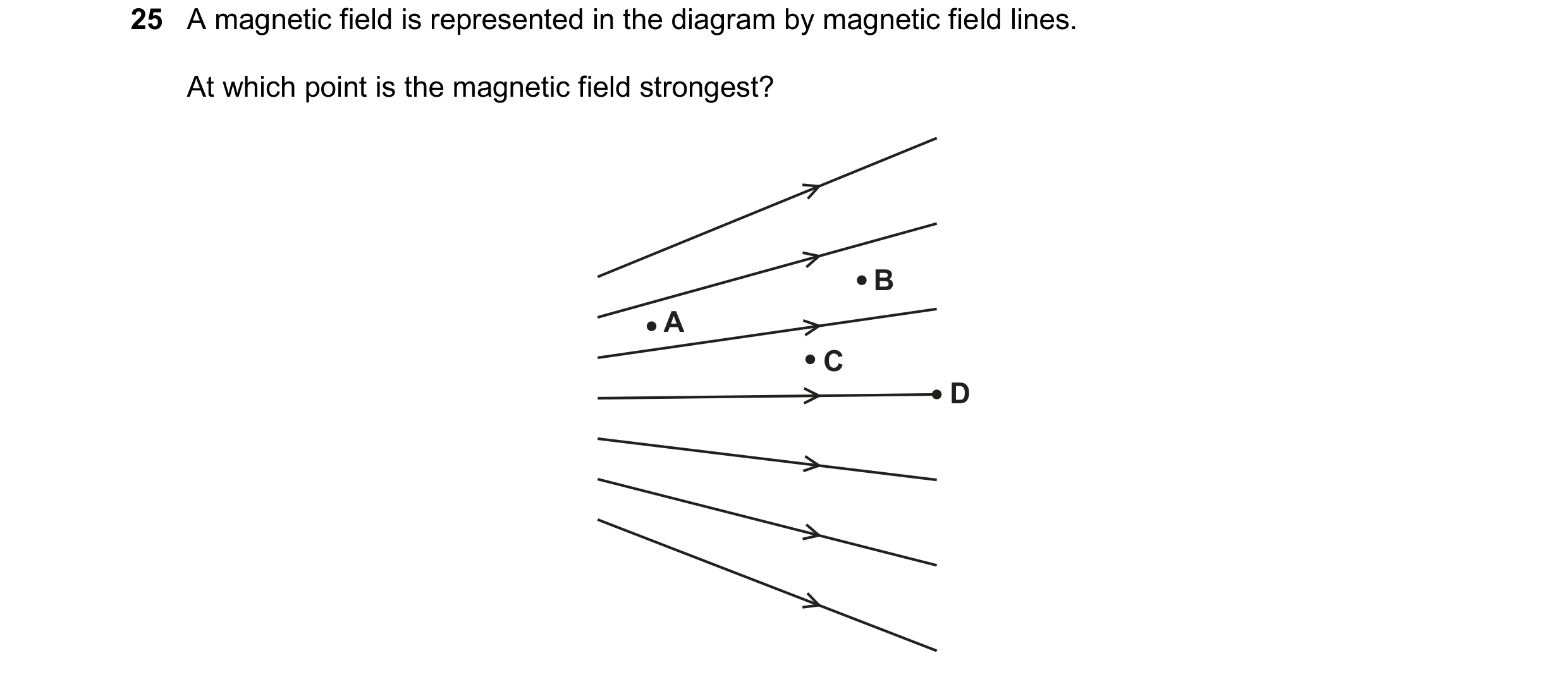 Question 37: A magnetic field is represented in the diagram by magnetic field lines. At which point is the magnetic field strongest? B A C D