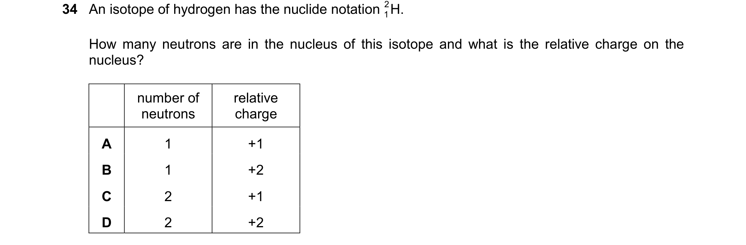 Question 36: An isotope of hydrogen has the nuclide notation H. 2 1 How many neutrons are in the nucleus of this isotope and what is the relative charge…