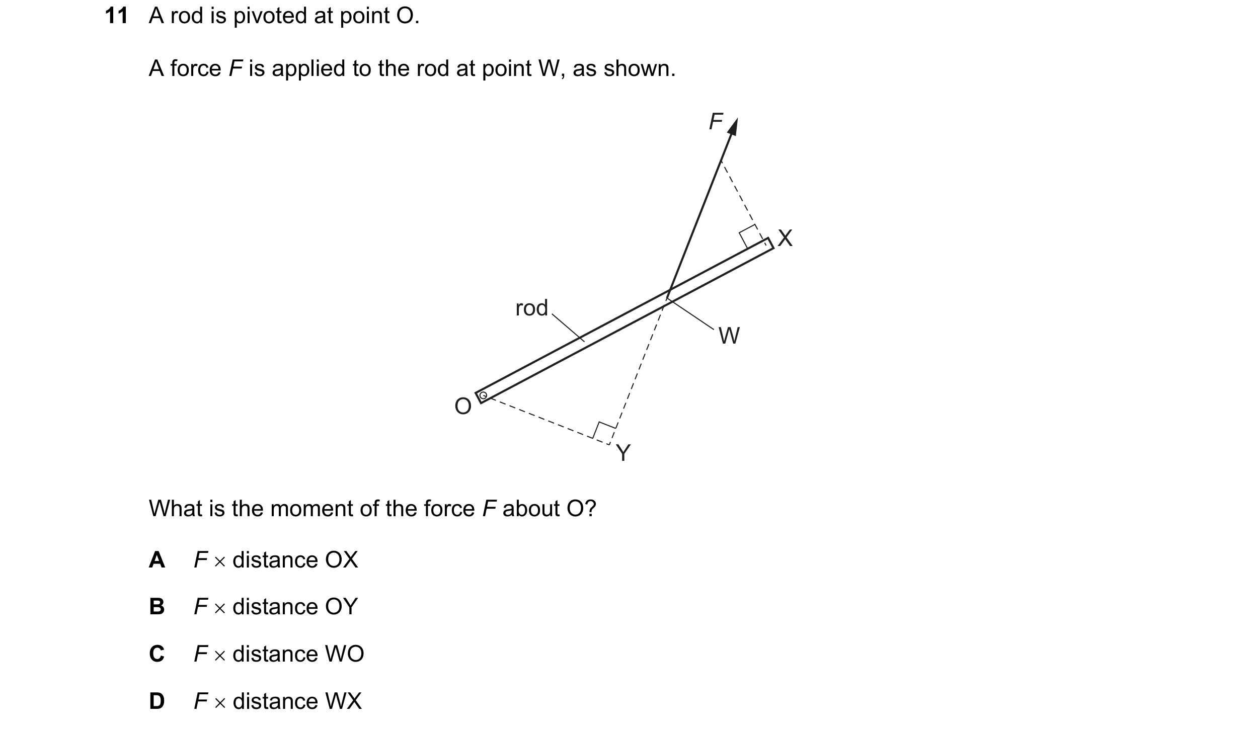 Question 124: A rod is pivoted at point O. A force F is applied to the rod at point W, as shown. F X rod W O Y What is the moment of the force F about O?…