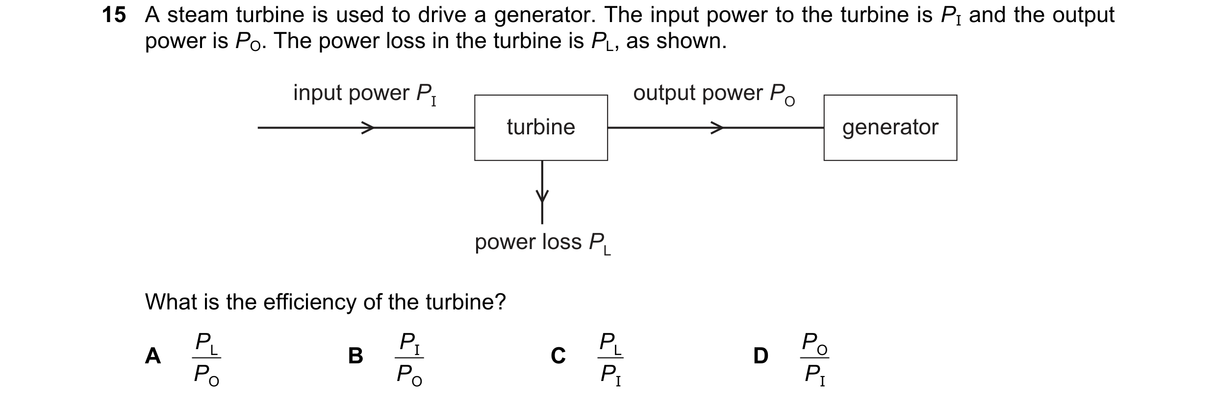 Question 233: A steam turbine is used to drive a generator. The input power to the turbine is PI and the output power is PO. The power loss in the turbin…