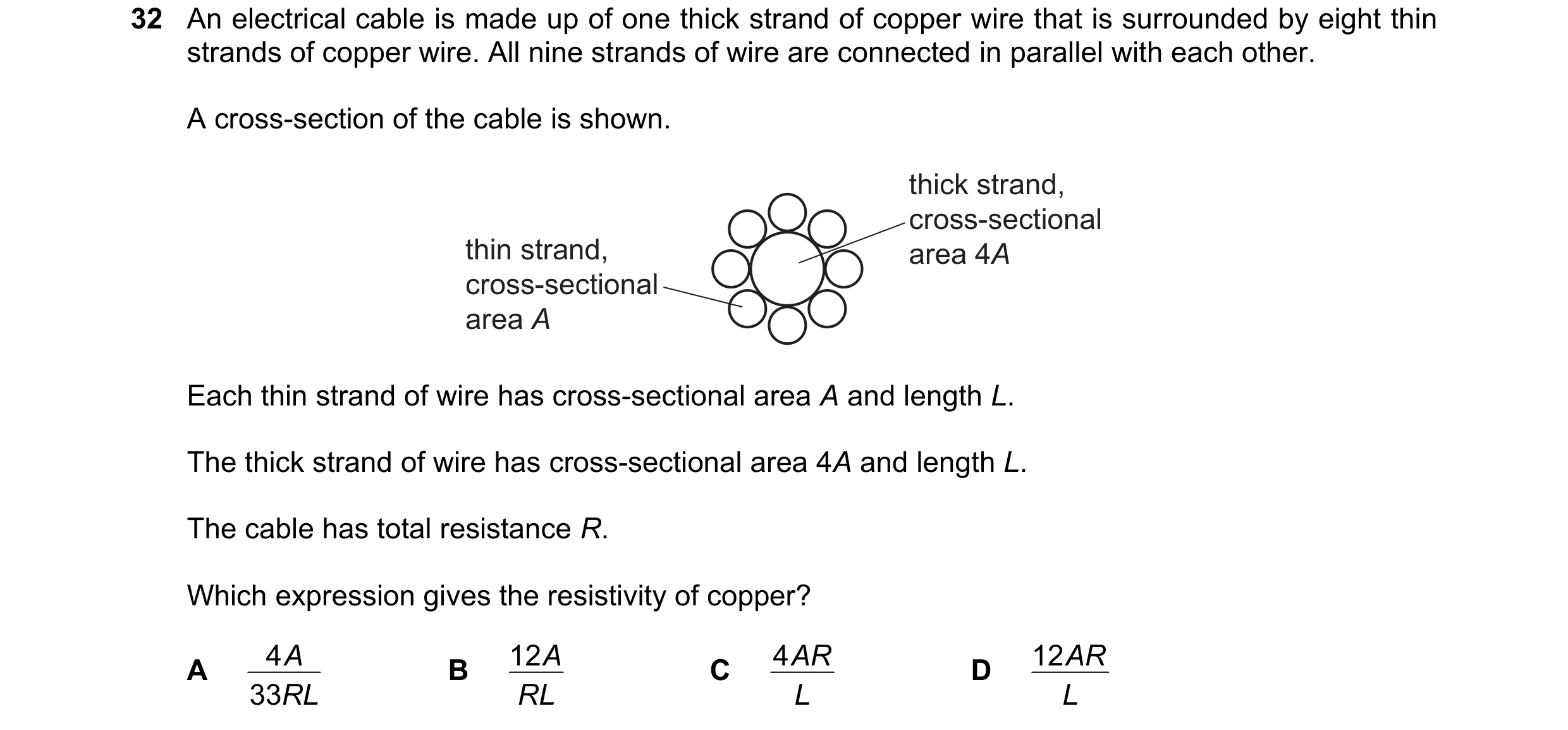 Question 145: An electrical cable is made up of one thick strand of copper wire that is surrounded by eight thin strands of copper wire. All nine strands…