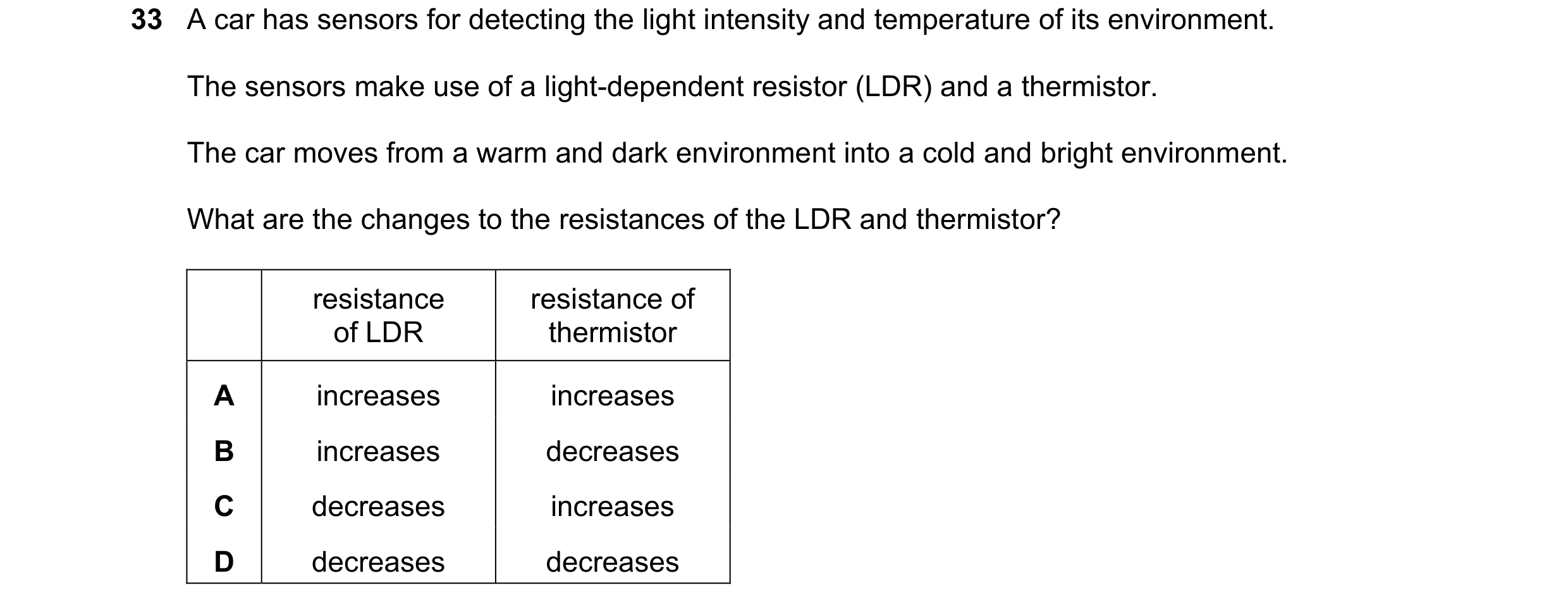 Question 146: A car has sensors for detecting the light intensity and temperature of its environment. The sensors make use of a light-dependent resistor …