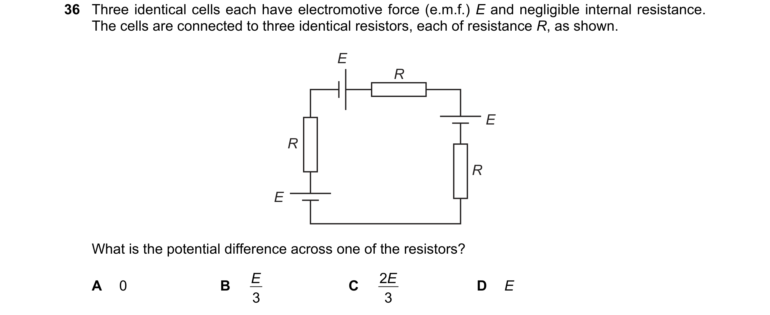 Question 66: Three identical cells each have electromotive force (e.m.f.) E and negligible internal resistance. The cells are connected to three identic…