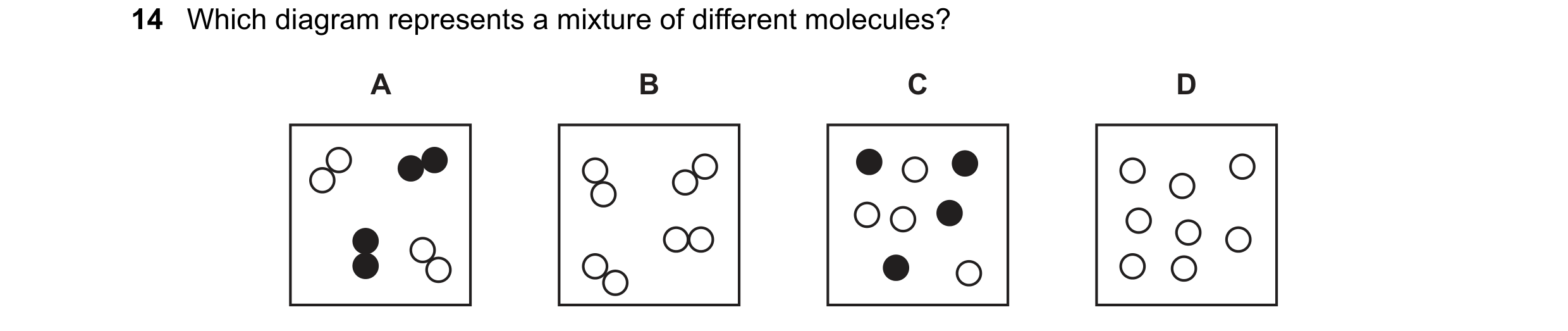 Question 92: Which diagram represents a mixture of different molecules? A B C D