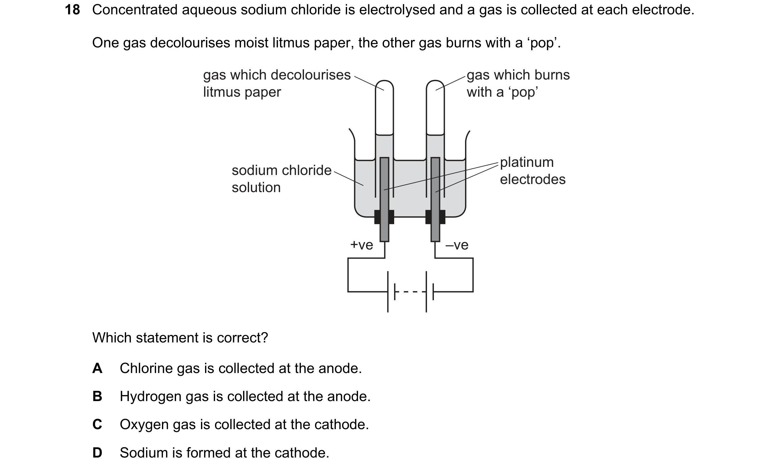 Question 98: Concentrated aqueous sodium chloride is electrolysed and a gas is collected at each electrode. One gas decolourises moist litmus paper, the…