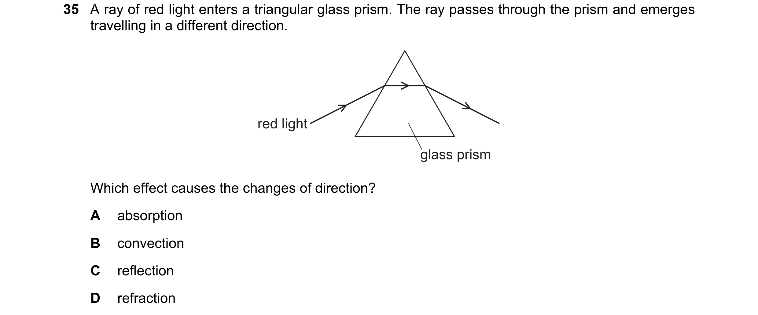 Question 102: A ray of red light enters a triangular glass prism. The ray passes through the prism and emerges travelling in a different direction. red l…
