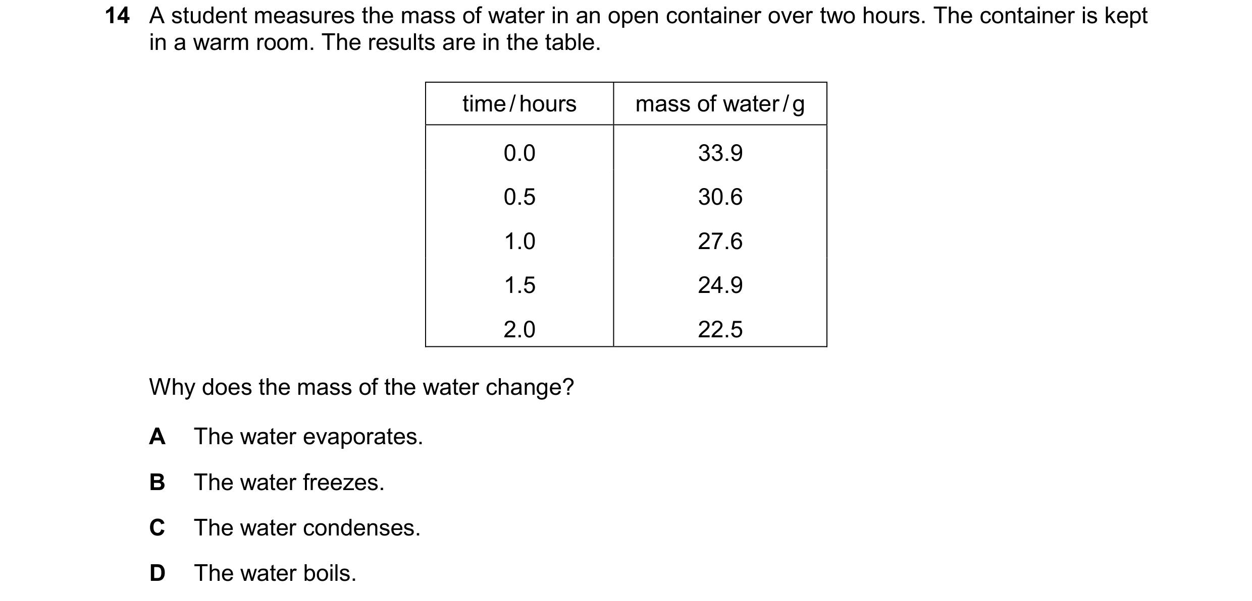 Question 143: A student measures the mass of water in an open container over two hours. The container is kept in a warm room. The results are in the tabl…