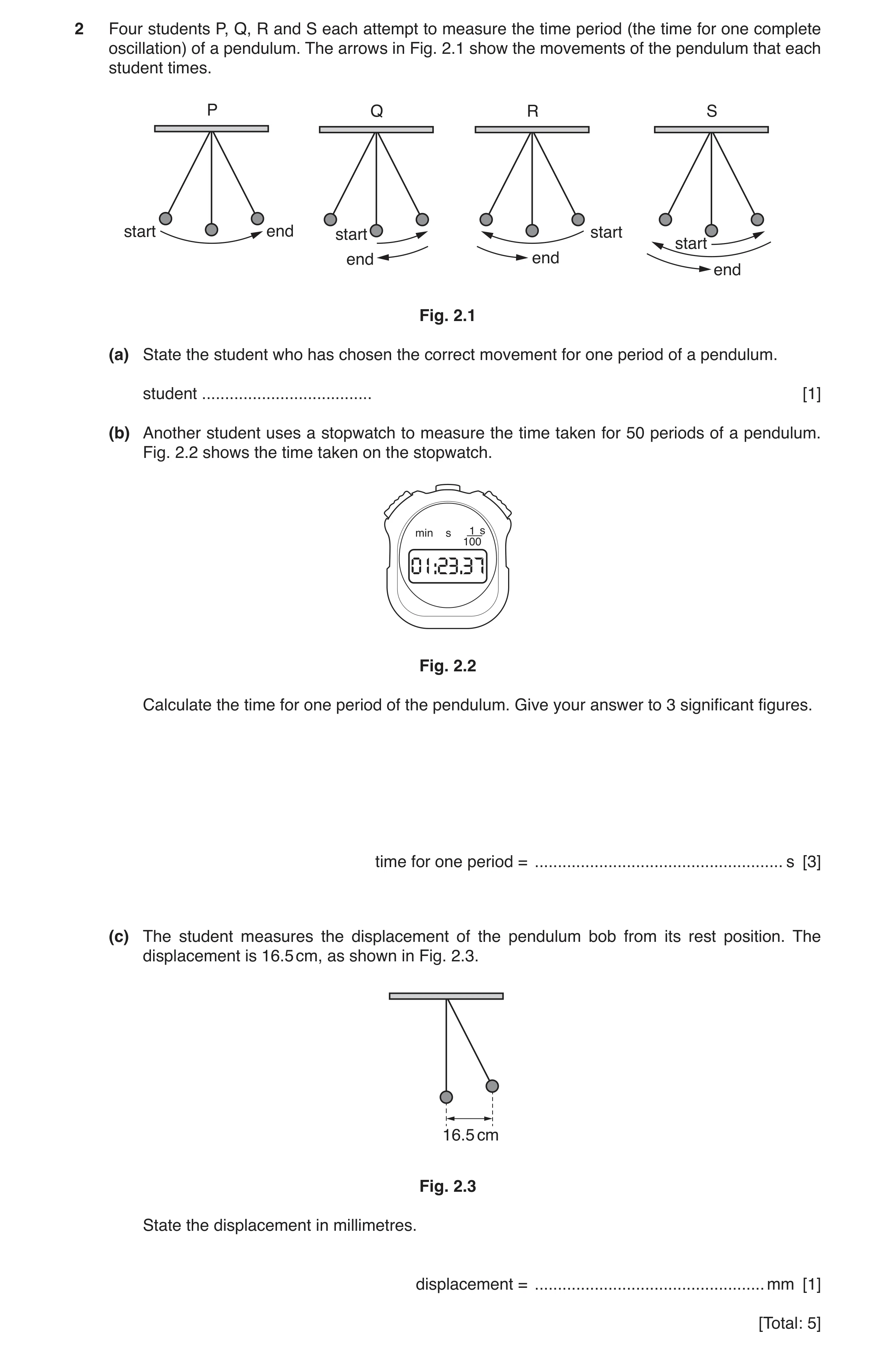 Question 22: Four students P, Q, R and S each attempt to measure the time period (the time for one complete oscillation) of a pendulum. The arrows in Fi…