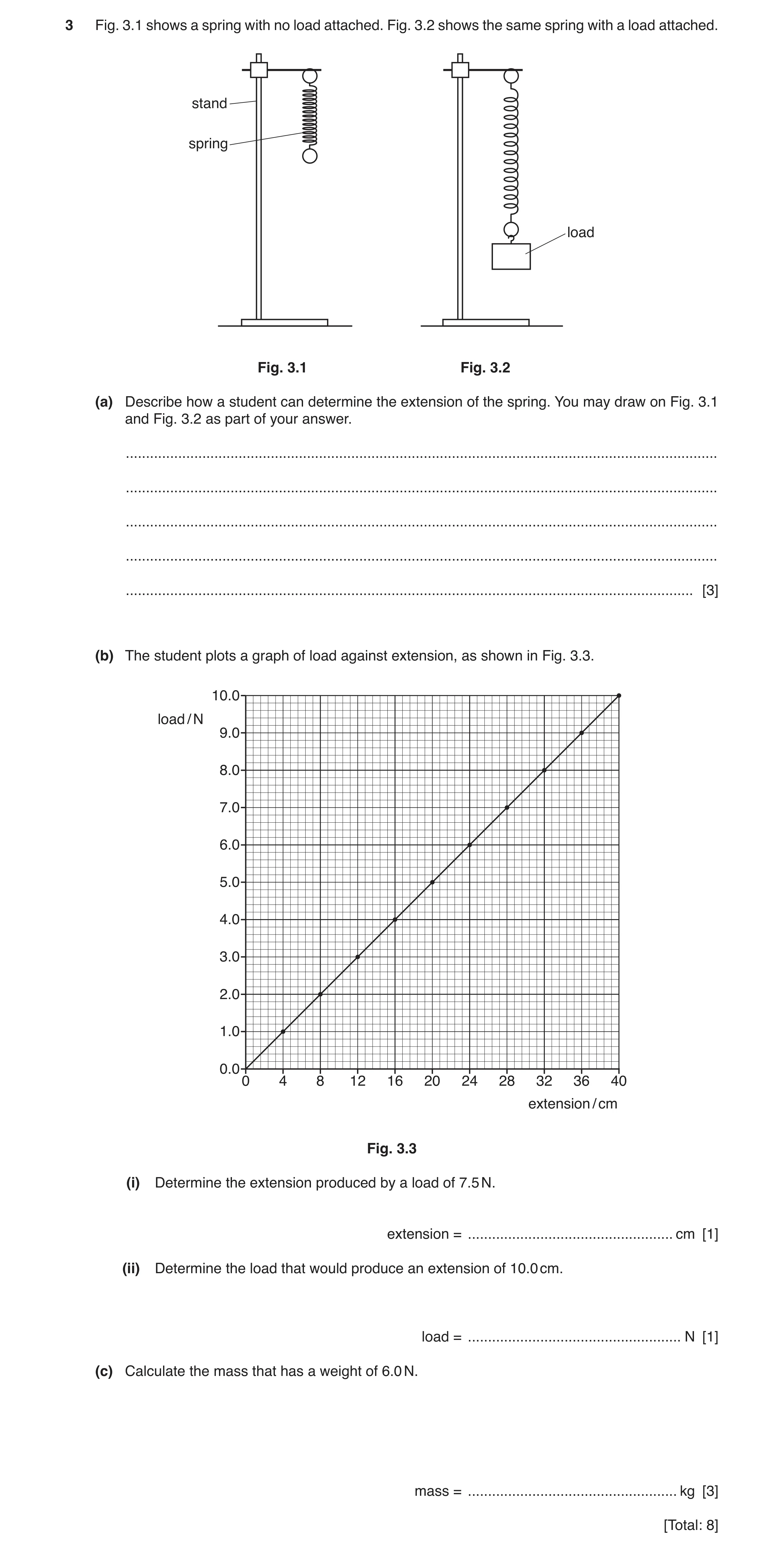 Question 22: Fig. 3.1 shows a spring with no load attached. Fig. 3.2 shows the same spring with a load attached. stand spring load Fig. 3.1 Fig. 3.2 (a)…