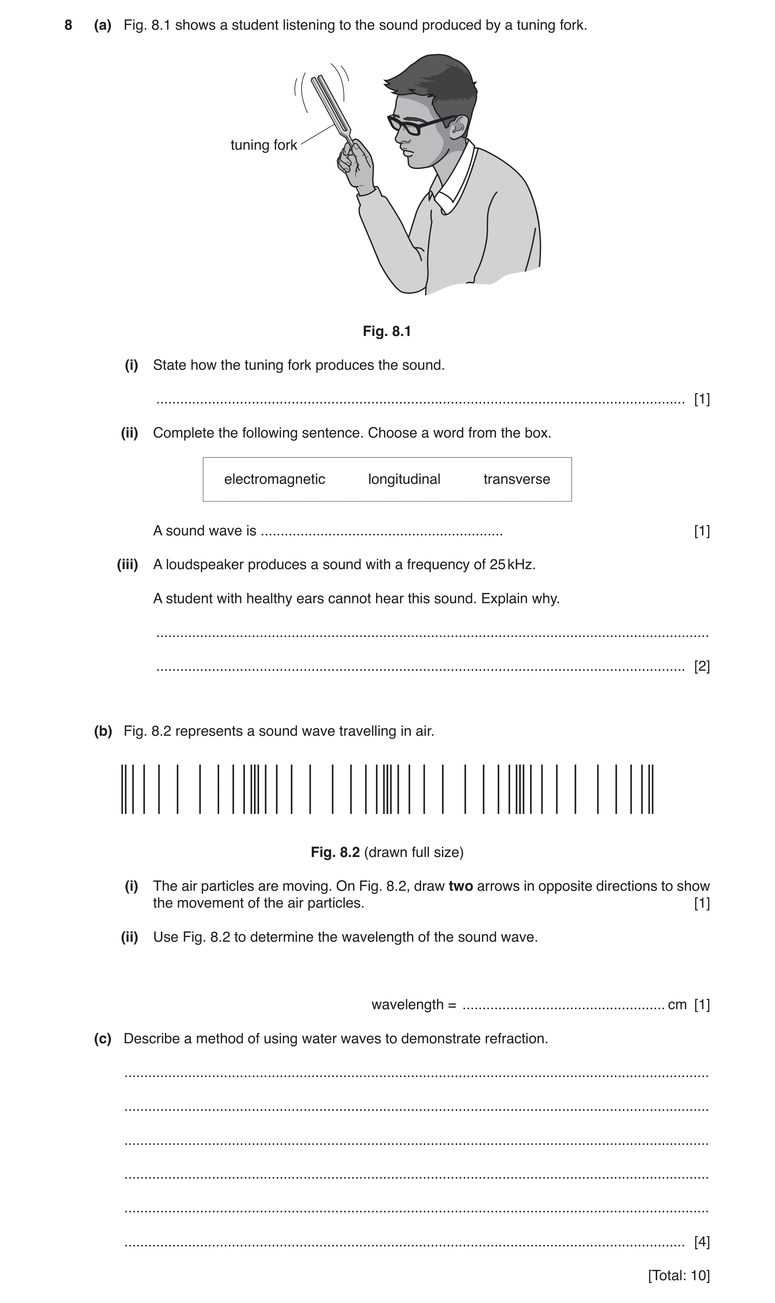 Question 14: (a) Fig. 8.1 shows a student listening to the sound produced by a tuning fork. tuning fork Fig. 8.1 (i) State how the tuning fork produces …