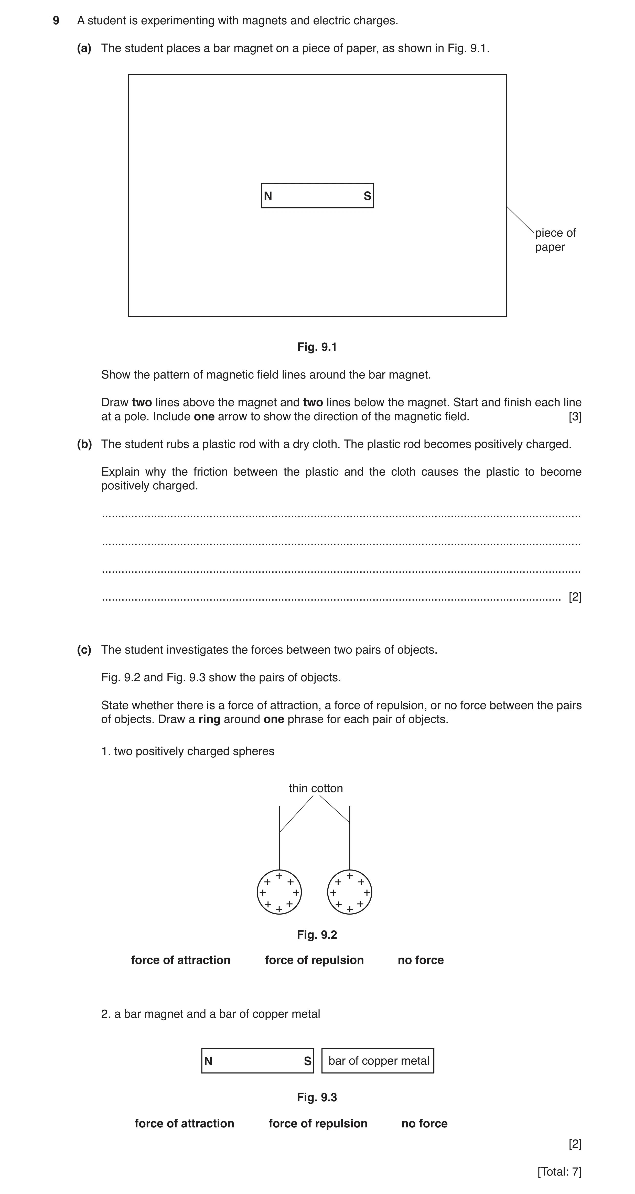 Question 16: A student is experimenting with magnets and electric charges. (a) The student places a bar magnet on a piece of paper, as shown in Fig. 9.1…