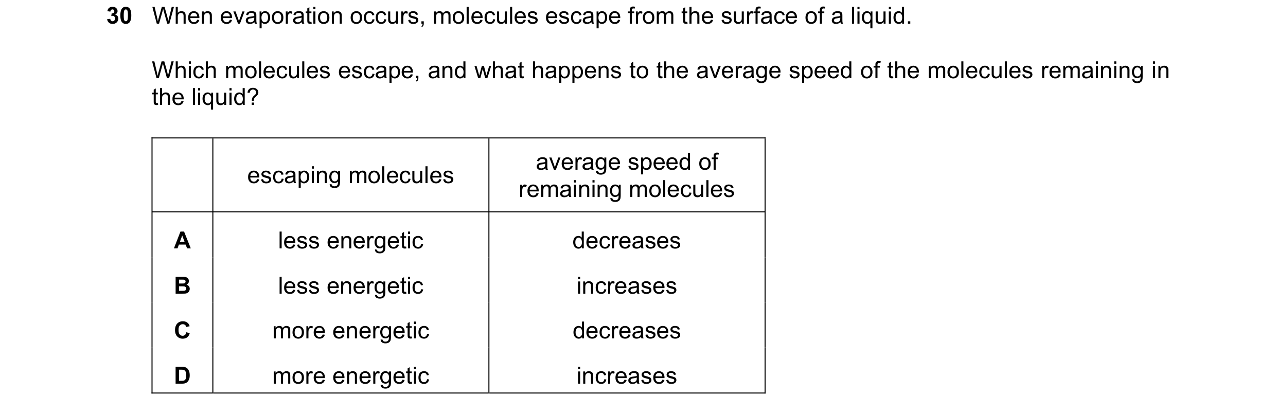 Question 46: When evaporation occurs, molecules escape from the surface of a liquid. Which molecules escape, and what happens to the average speed of th…
