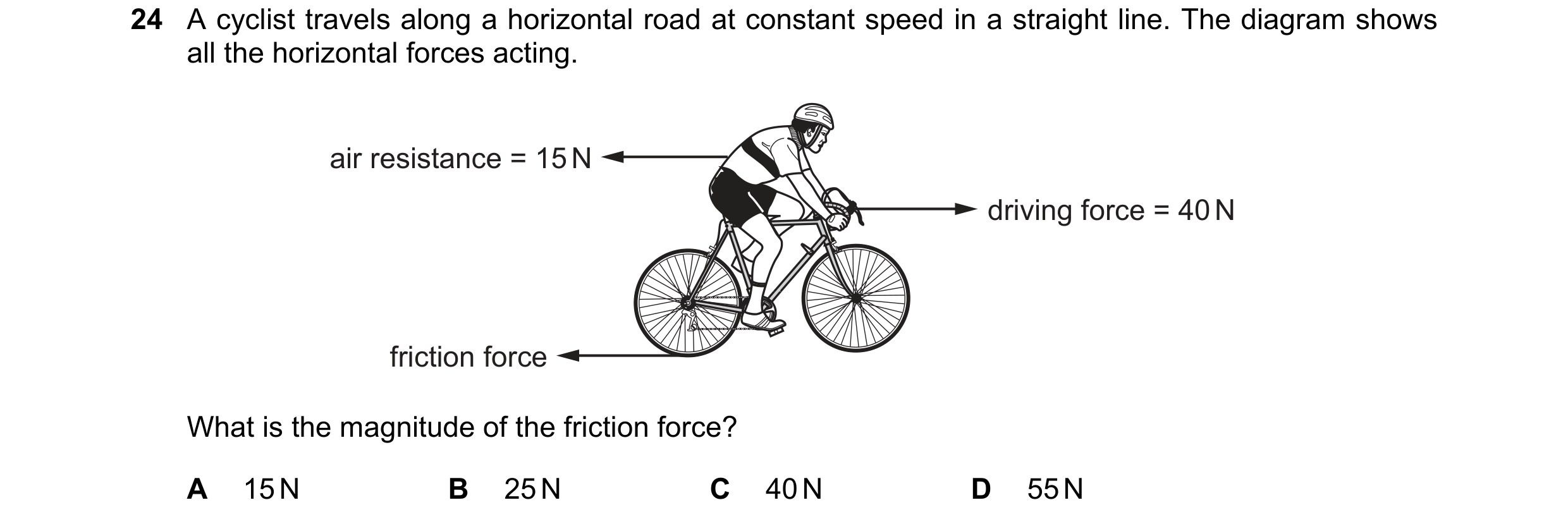 Question 36: A cyclist travels along a horizontal road at constant speed in a straight line. The diagram shows all the horizontal forces acting. air res…