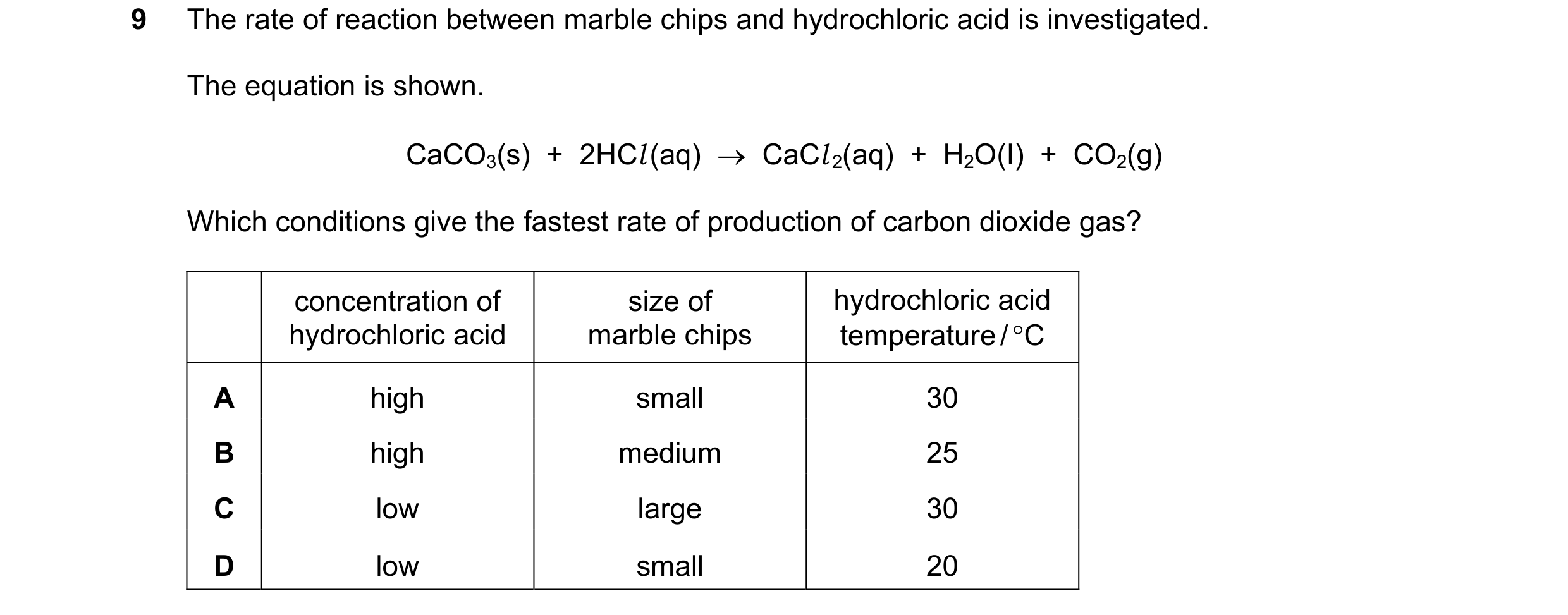 Question 22: The rate of reaction between marble chips and hydrochloric acid is investigated. The equation is shown. CaCO3(s) + 2HCl (aq) → CaCl 2(a…