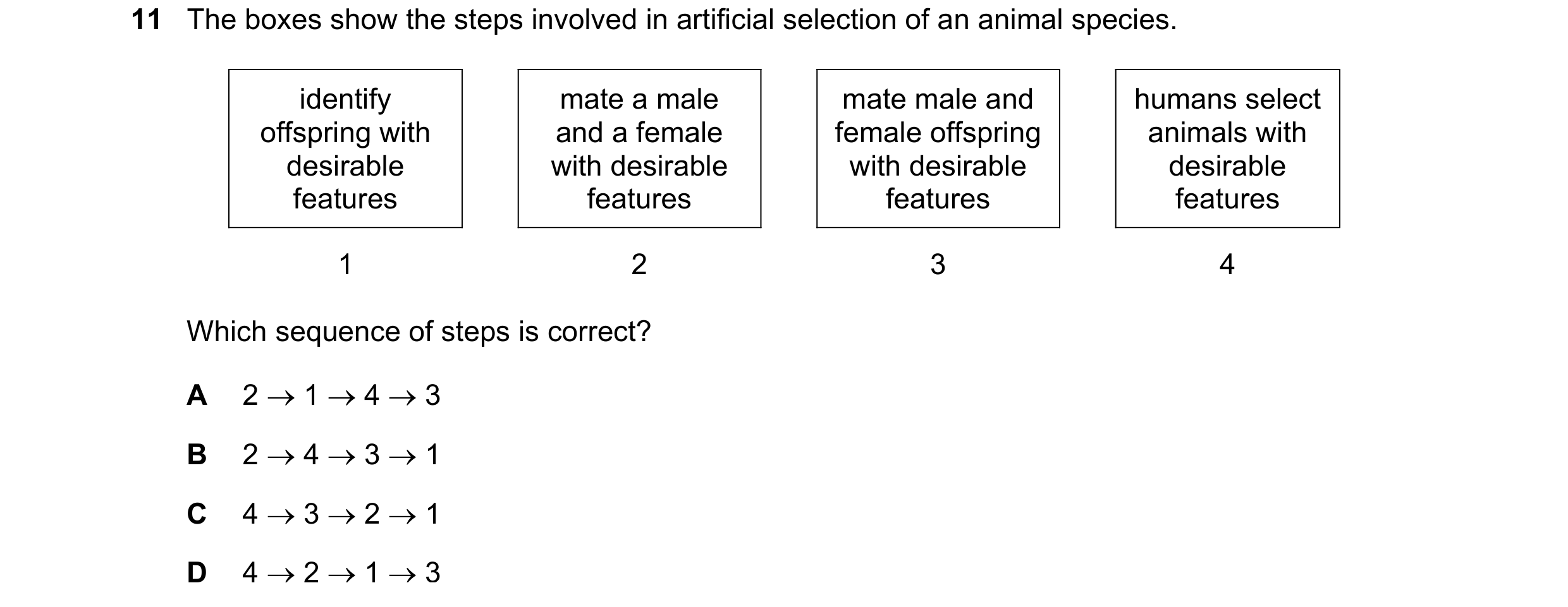 Question 10: The boxes show the steps involved in artificial selection of an animal species. identify mate a male mate male and humans select offspring …