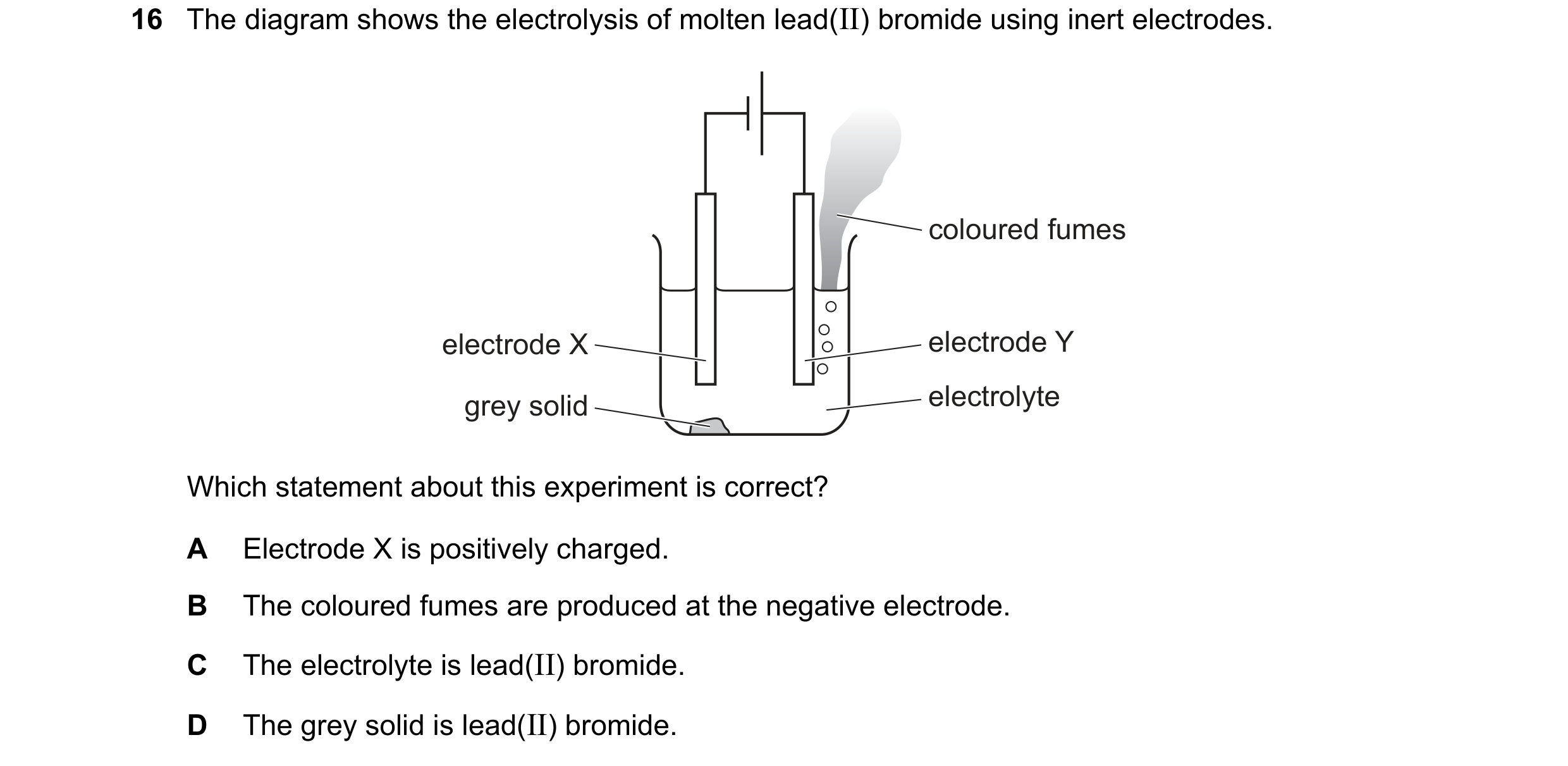 Question 43: The diagram shows the electrolysis of molten lead(II) bromide using inert electrodes. coloured fumes electrode X electrode Y grey solid ele…
