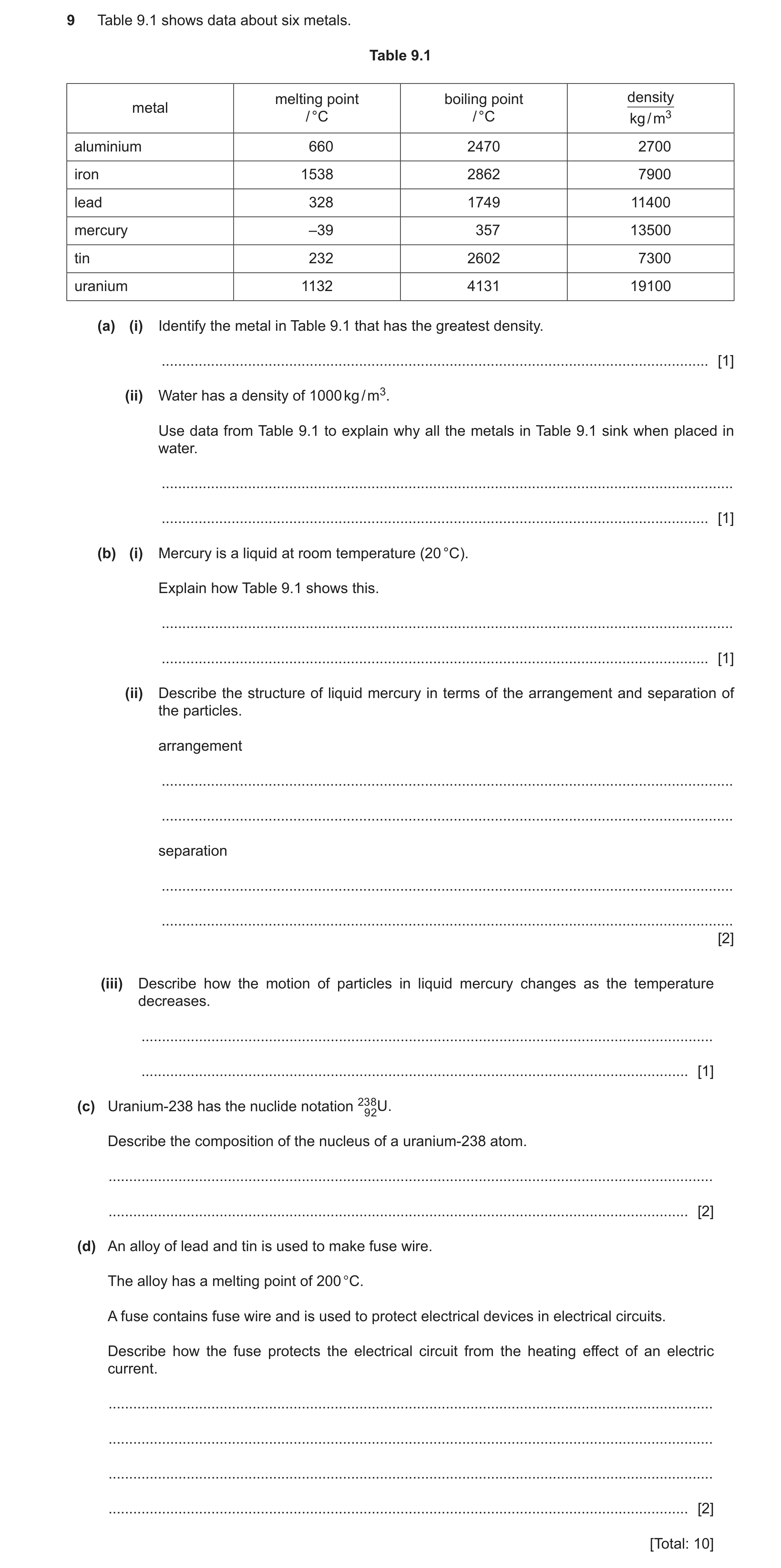 Question 11: Table 9.1 shows data about six metals. Table 9.1 melting point boiling point density metal / °C / °C kg / m3 aluminium 660 2470 2700 iron 1…